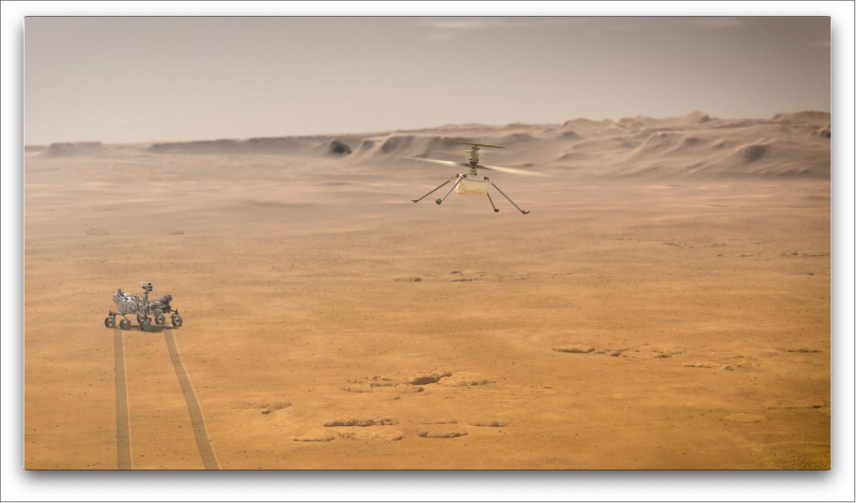 Figure 2: When NASA's Ingenuity Mars Helicopter attempts its first test flight on the Red Planet, the agency's Mars 2020 Perseverance rover will be close by, as seen in this artist's concept (image credit: NASA/JPL-Caltech)