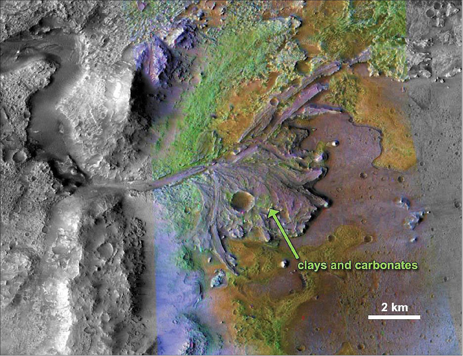 Figure 15: Chemical Alteration by Water, Jezero Crater Delta: On ancient Mars, water carved channels and transported sediments to form fans and deltas within lake basins (image credit: NASA/JPL-Caltech/MSSS/JHU-APL)