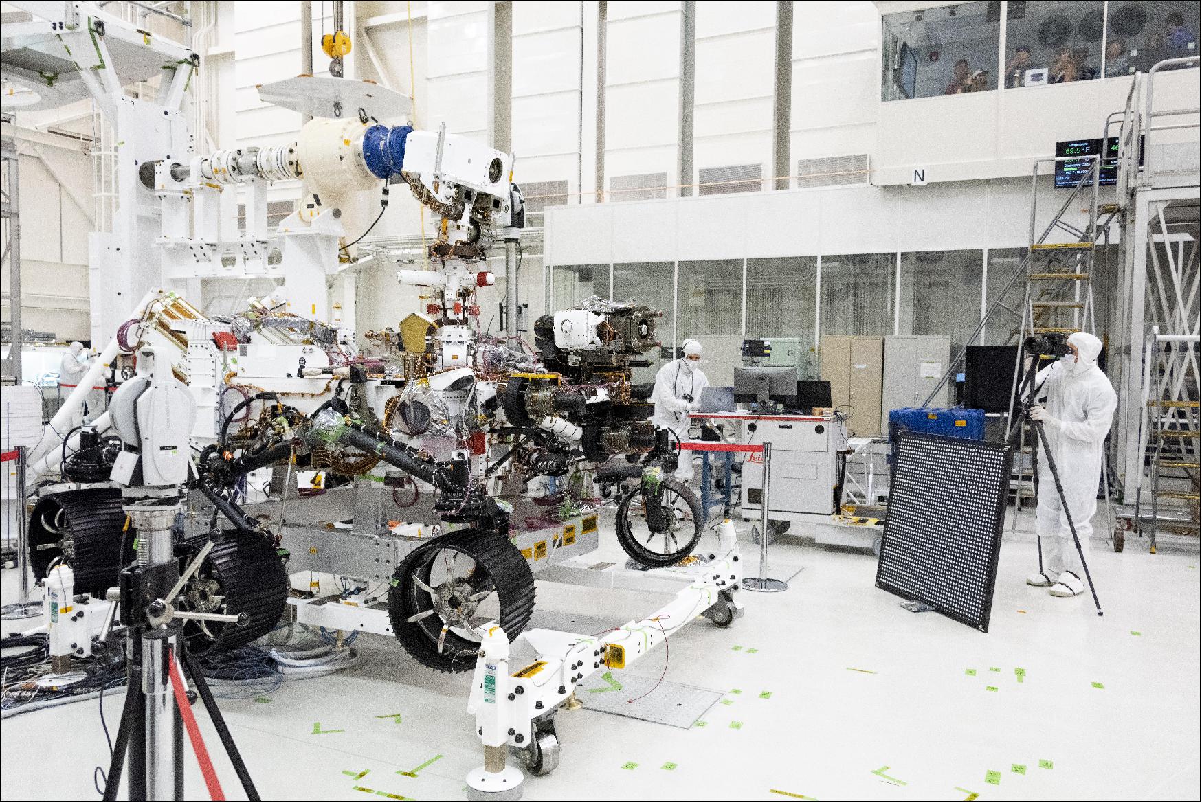 Figure 1: In this image, engineers test cameras on the top of the Mars 2020 rover's mast and front chassis. The image was taken on July 23, 2019, in the Spacecraft Assembly Facility's High Bay 1 at NASA's Jet Propulsion Laboratory in Pasadena, California (image credit: NASA/JPL-Caltech)