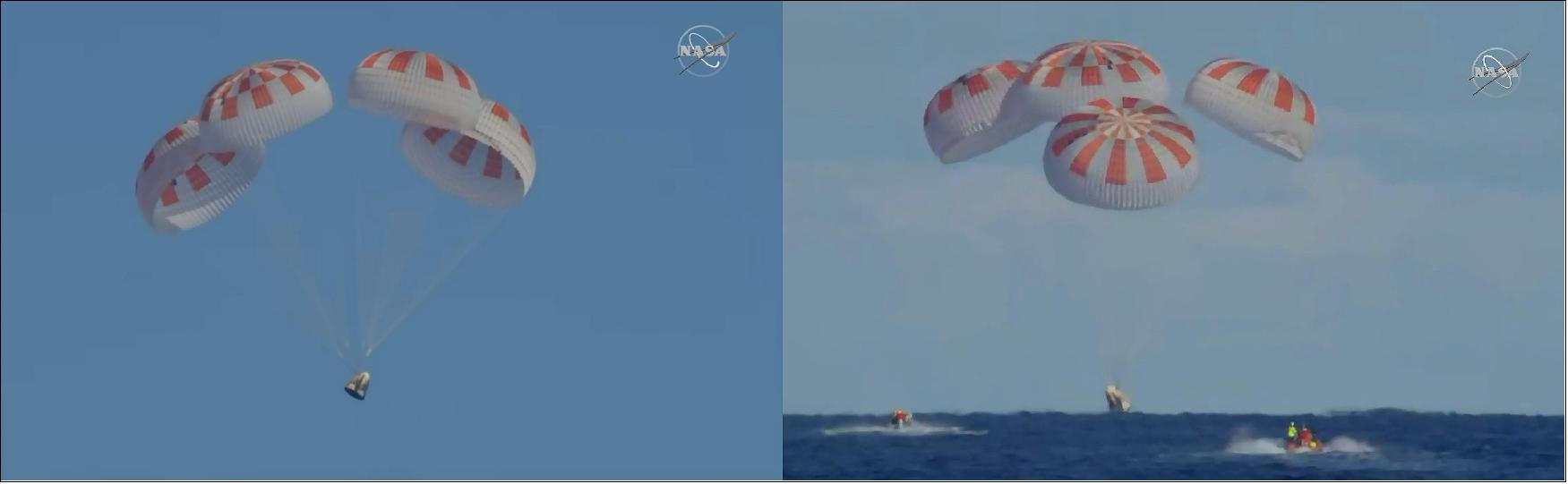 Figure 37: Completing an end-to-end uncrewed flight test, Demo-1, SpaceX’s Crew Dragon departed the International Space Station at 2:32 a.m. EST Friday, March 8, 2019, and splashed down at 8:45 a.m. in the Atlantic Ocean about 200 nautical miles off the Florida coast (image credit: NASA Television)