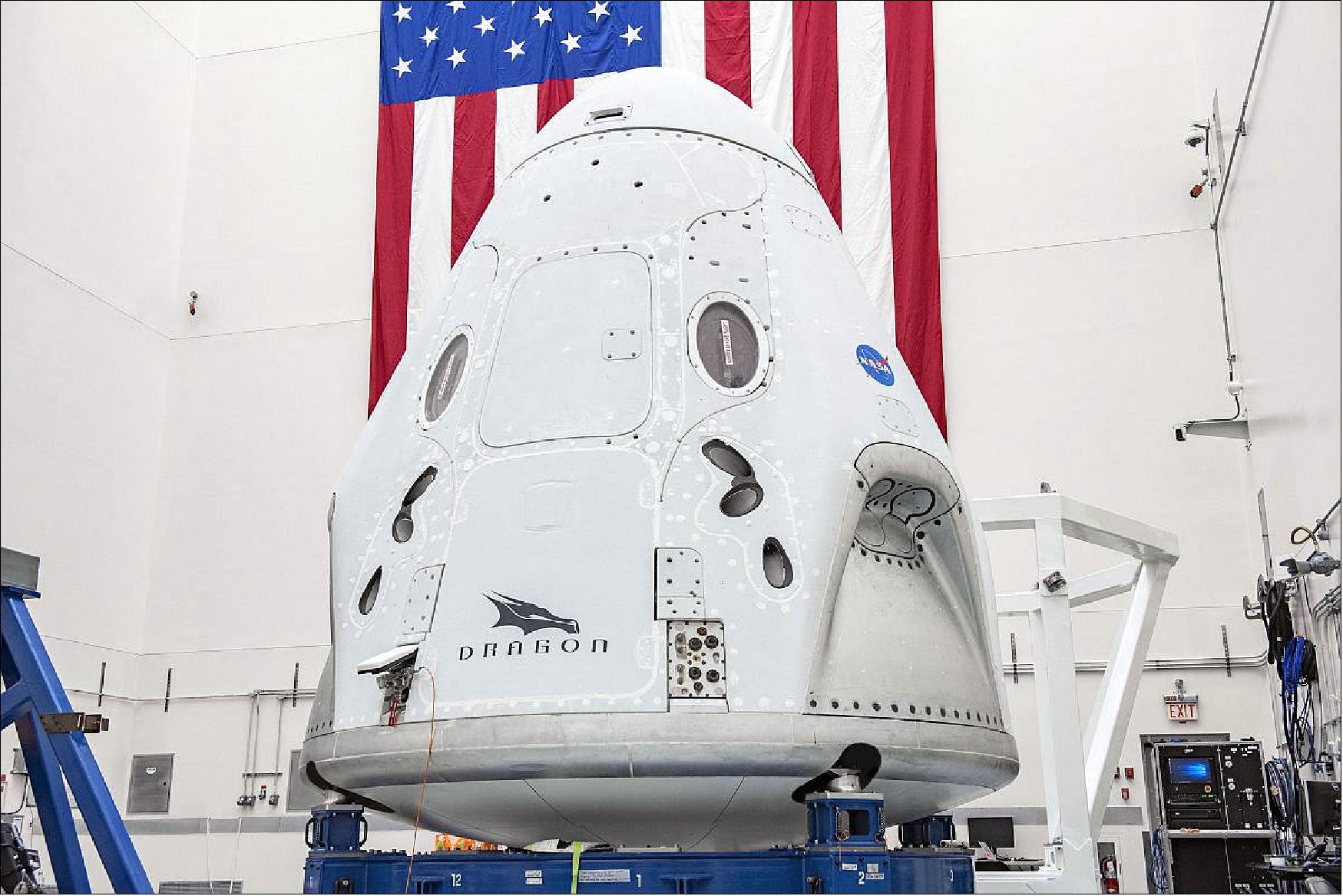 Figure 18: The SpaceX Crew Dragon spacecraft undergoes final processing at Cape Canaveral Air Force Station, Florida, in preparation for the Demo-2 launch with NASA astronauts Bob Behnken and Doug Hurley to the International Space Station for NASA’s Commercial Crew Program. Crew Dragon will carry Behnken and Hurley atop a Falcon 9 rocket, returning crew launches to the space station from U.S. soil for the first time since the Space Shuttle Program ended in 2011 (photo credit: SpaceX)