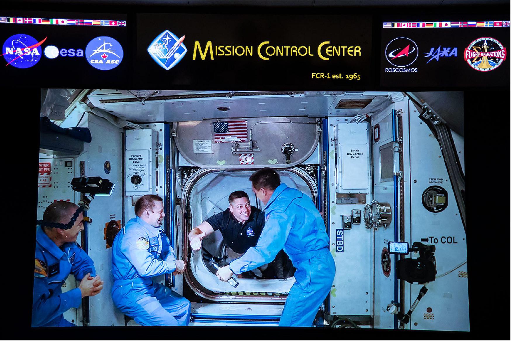 Figure 16: The Expedition 63 crew welcomes Bob Behnken and Doug Hurley to the International Space Station (image credit: NASA, Bill Stafford)