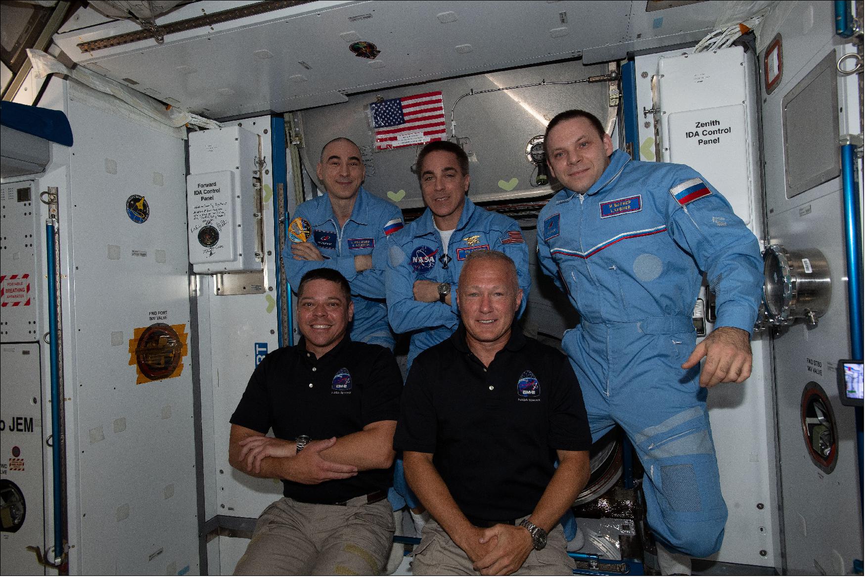 Figure 13: The Expedition 63 crew includes, clockwise from front right, NASA astronauts Douglas Hurley and Robert Behnken, Roscosmos flight engineer Anatoly Ivanishin, NASA Commander Chris Cassidy and Roscosmos flight engineer Ivan Vagner (image credit: NASA)