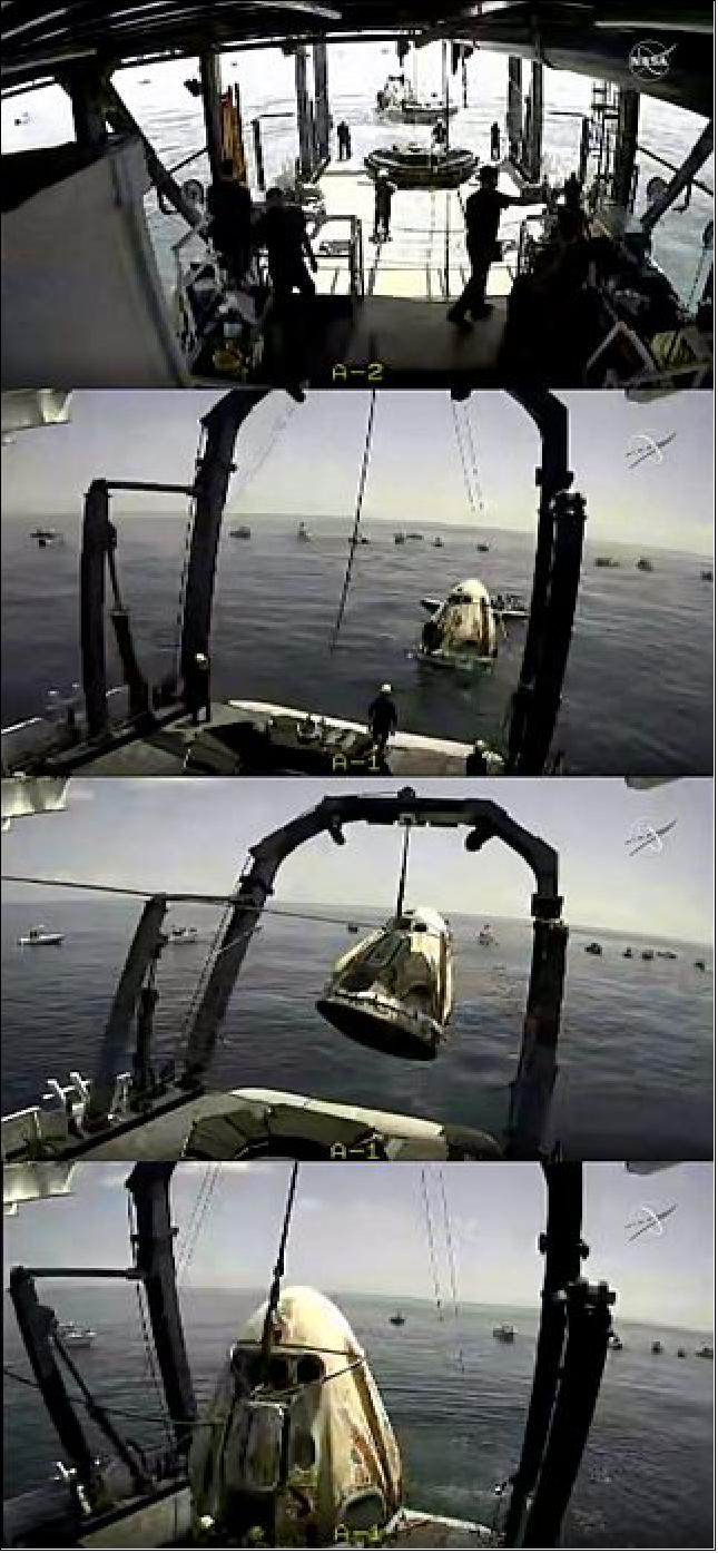 Figure 4: SpaceX’s Crew Dragon, carrying NASA astronauts Robert Behnken and Douglas Hurley, splashes down in the Gulf of Mexico off the coast of Pensacola, Florida at 2:48 p.m. EDT Aug. 2, 2020, where the spacecraft is recovered by SpaceX and brought aboard the recovery ship 'Go Navigator.' (image credit: NASA Television)