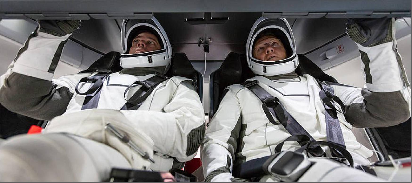 Figure 22: NASA astronauts Doug Hurley and Bob Behnken familiarize themselves with SpaceX’s Crew Dragon, the spacecraft that will transport them to the International Space Station as part of NASA’s Commercial Crew Program. Their upcoming flight test is known as Demo-2, short for Demonstration Mission 2. The Crew Dragon will launch on SpaceX’s Falcon 9 rocket from Launch Complex 39A at NASA’s Kennedy Space Center in Florida (image credit: NASA) 22)