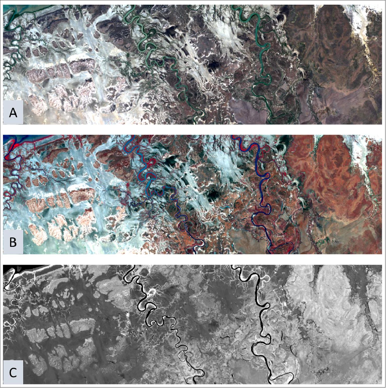 Figure 15: 25 August, 2019 00:41:18 UT Georegistered Landsat-8 data of the coast of Northern Australia. A) Red Green Blue, B Color infrared, C) NDVI. These data, taken 6 days later, were the next available cloudfree Landsat-8 imagery of the region imaged on 19 August by the R3 CubeSat. The data were taken 5 hours and 15 minutes earlier in the day as well during the usual mid-morning sun-synch. Landsat-8 overpass time (image credit: Aerospace)