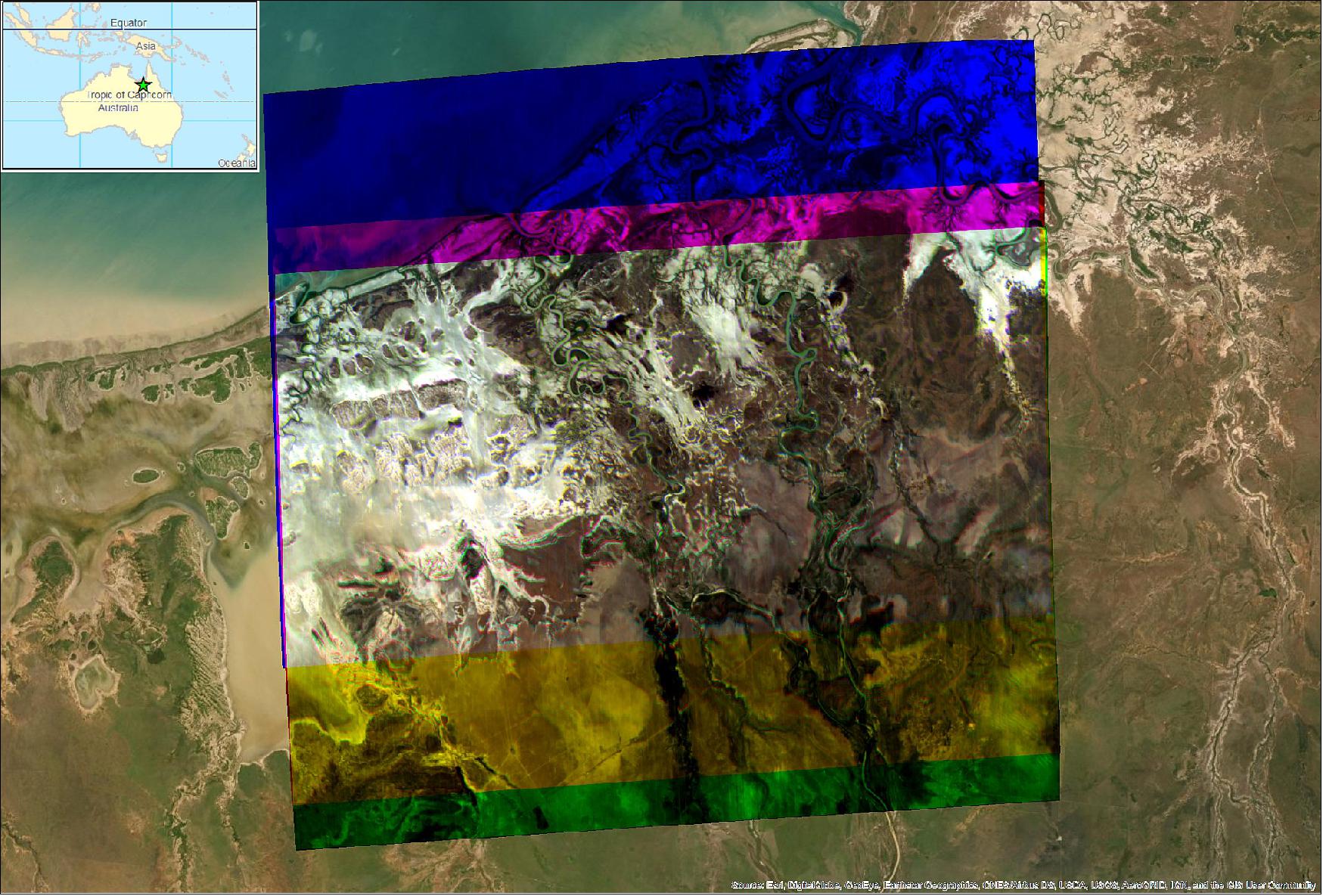 Figure 13: Overlap region of the R3 red, green and blue bands from the 19 August, 2019, 1000-frame northern Australian coast imaging experiment (image credit: Aerospace)