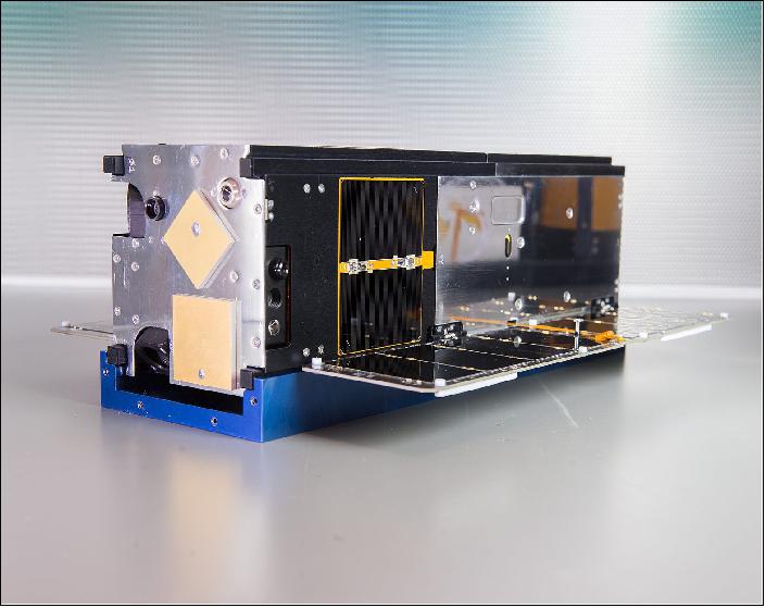 Figure 2: The Assembled R3 Spacecraft. Two patch antennas and one of the two 90° offset star sensors are prominent on the zenith face of the CubeSat (image credit: Aerospace)