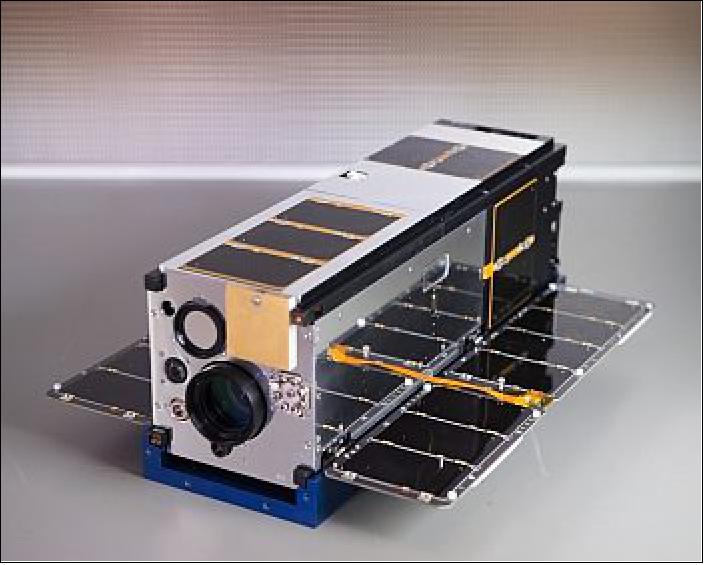 Figure 1: Photo of the AeroCube-11 R3 CubeSat designed and assembled by Aerospace engineers. The sunshade for the 1-inch aperture sensor is the most prominent feature on the nadir face. The shiny surface on the right is the sensor electronics radiator (image credit: Aerospace)