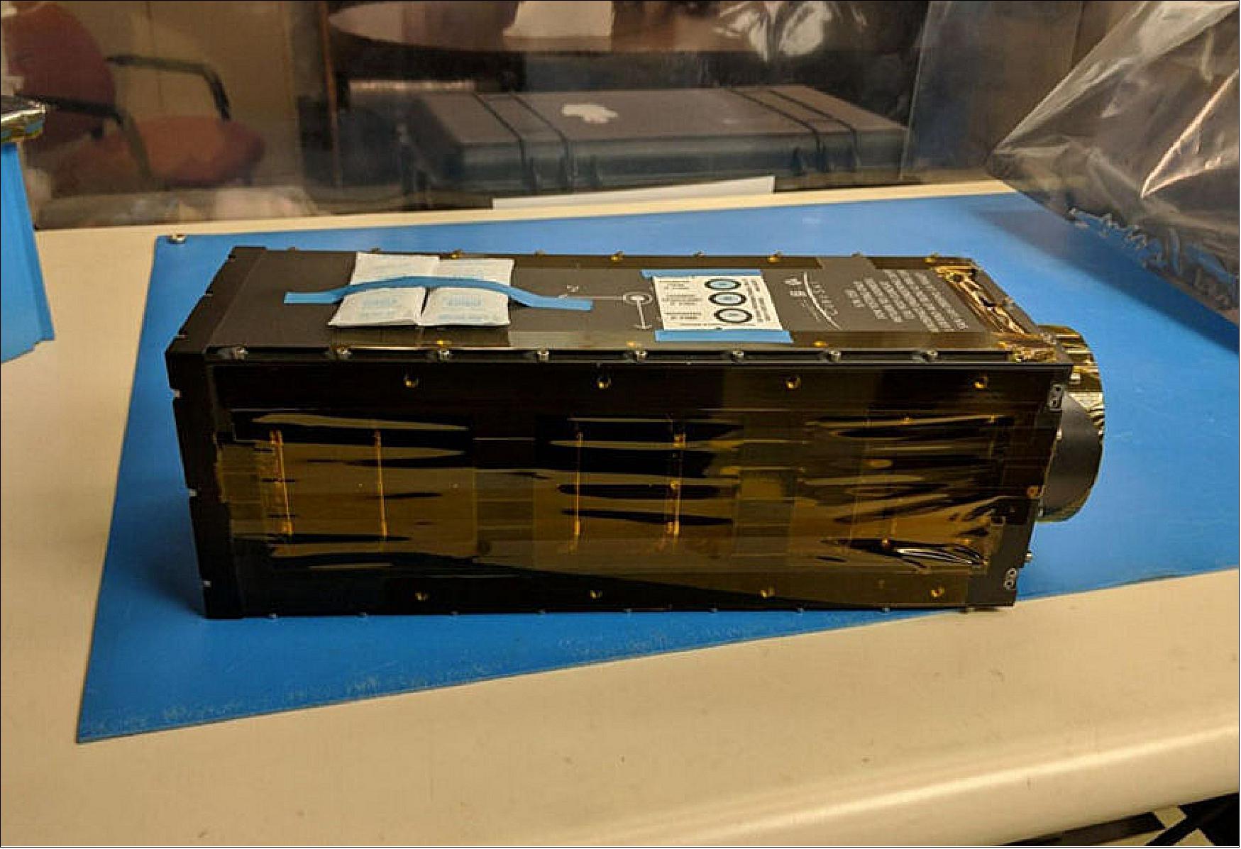 Figure 6: LightSail-2 sits inside its P-POD at the Cal Poly San Luis Obispo CubeSat clean room on 6 May 2019 prior to final shipment to the Air Force Research Laboratory (AFRL) in Albuquerque, New Mexico (image credit: Ryan Nugent / Cal Poly SLO / The Planetary Society)