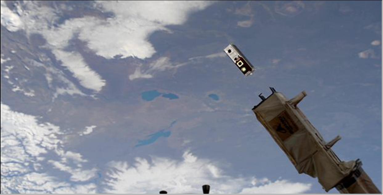 Figure 3: DARPA’s DeMi (Deformable Mirror) CubeSat deployed from the International Space Station on 13 July 2020 (image credit: NASA)