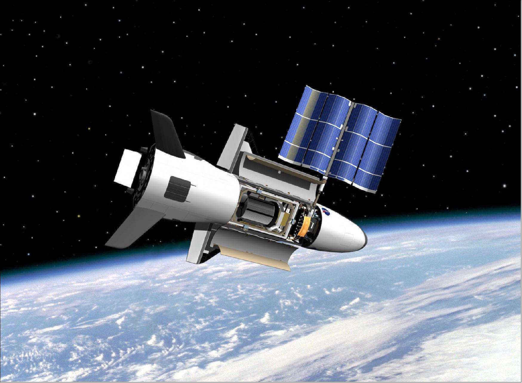 Figure 6: Artist's rendition of the X-37B spaceplane (OTV-5) with the deployed solar panels (image credit: Boeing Phantom Works)