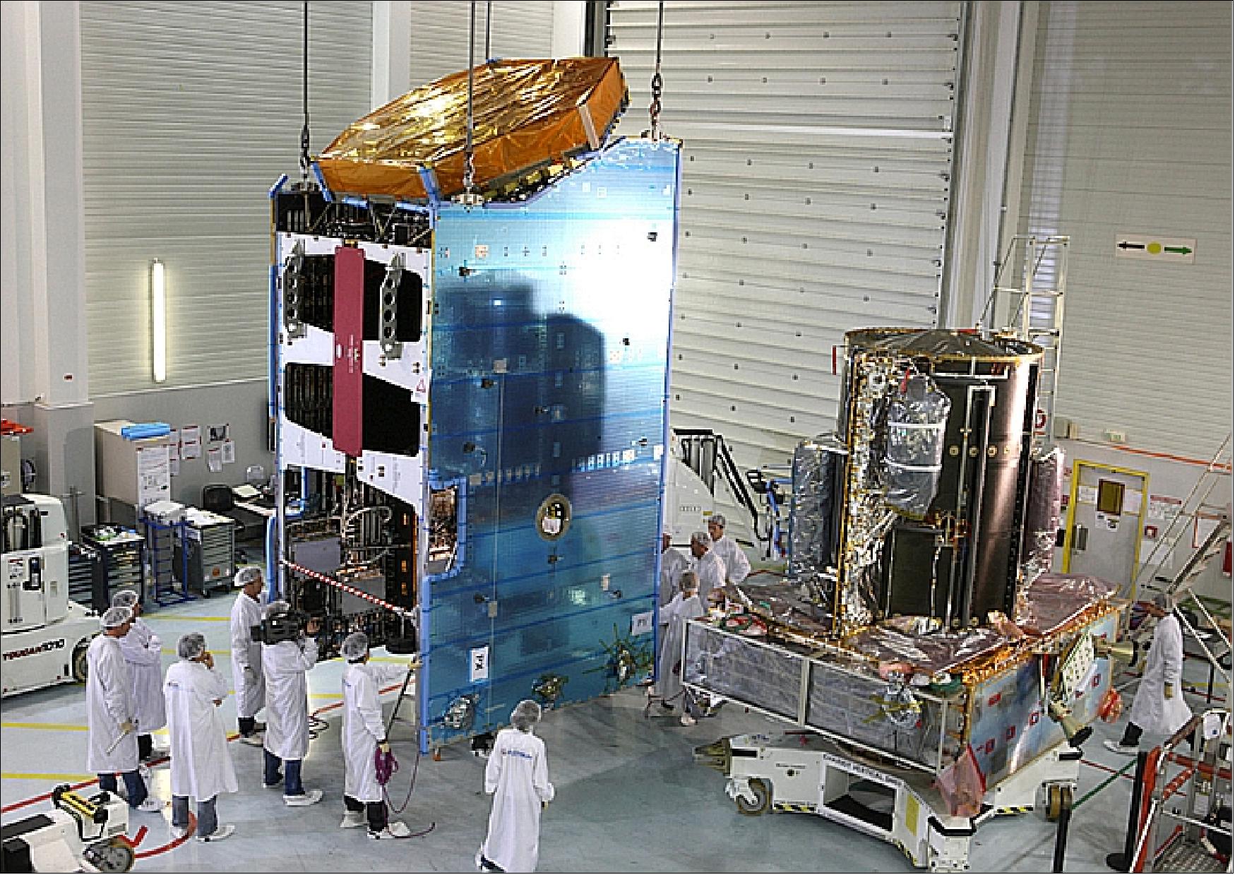 Figure 3: Photo of the Alphabus service module (right) and Alphasat repeater module stand side by side before the mating procedure at Astrium SAS (image credit: Astrium)