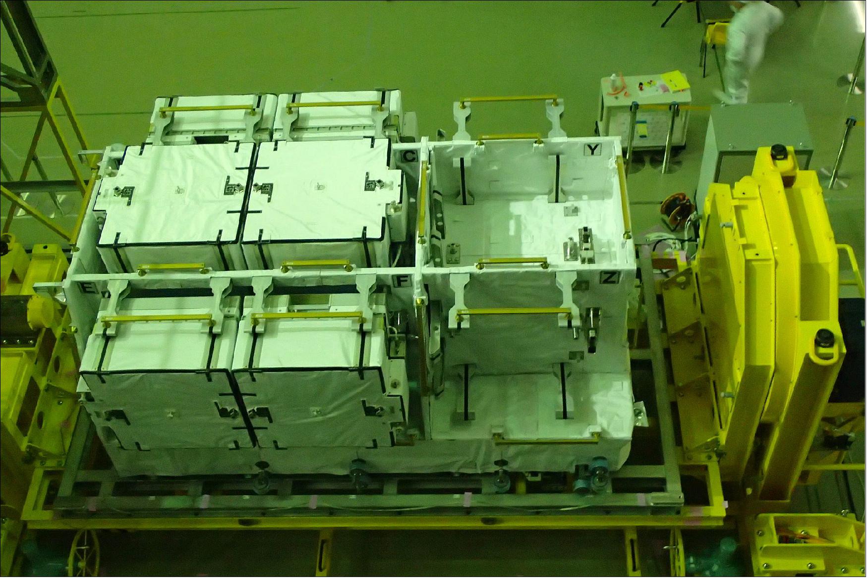 Figure 7: Photo of the six new ORUs. These are lithium-ion batteries manufactured by a Japanese company. They will be mounted on an EP (Exposed Pallet) on JAXA/KIBO (image credit: JAXA)