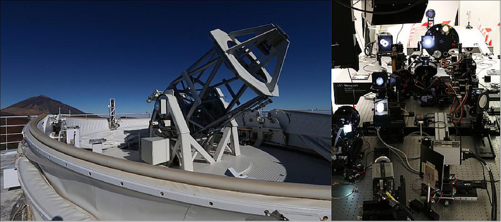Figure 6: Left: The GREGOR telescope on Tenerife, Spain. Right: The newly redesigned optical laboratory of GREGOR (image credit: L. Kleint, KIS)