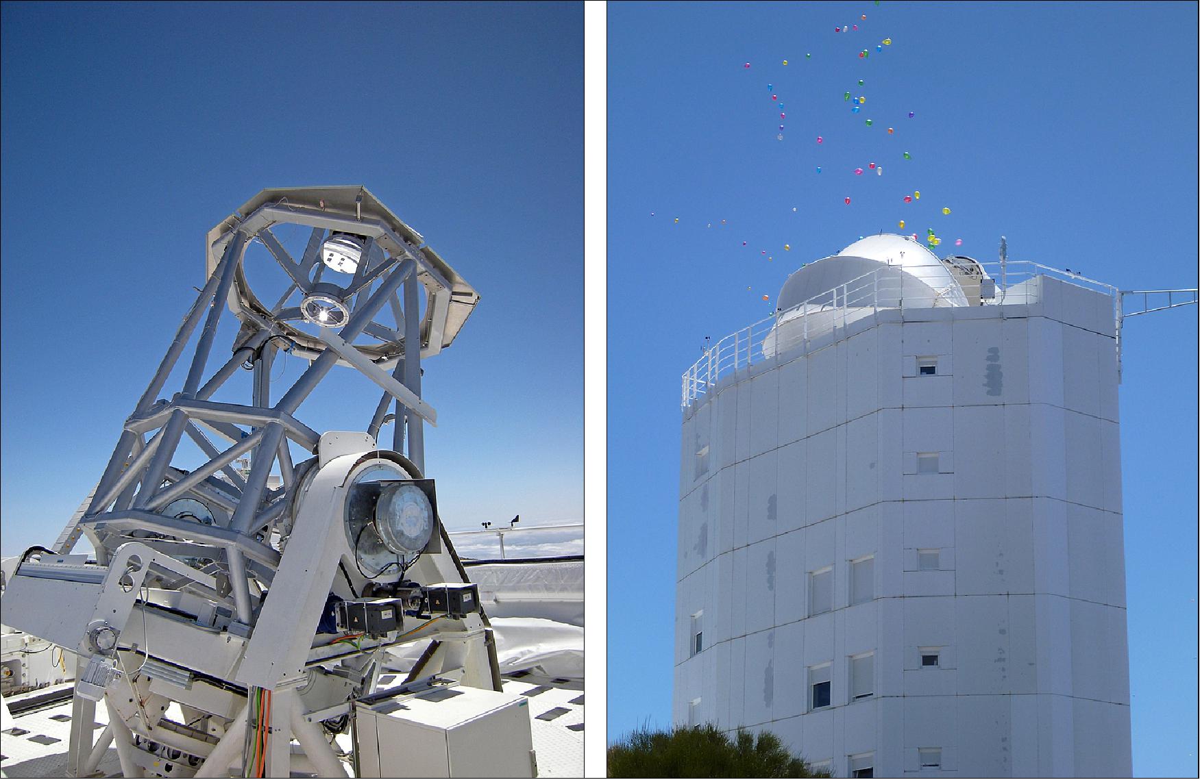 Figure 2: Left: Photo of the GREGOR telescope structure; Right: Photo of the GREGOR telescope inauguration at Teide Observatory on 21, May 2012 (image credit: GREGOR consortium)