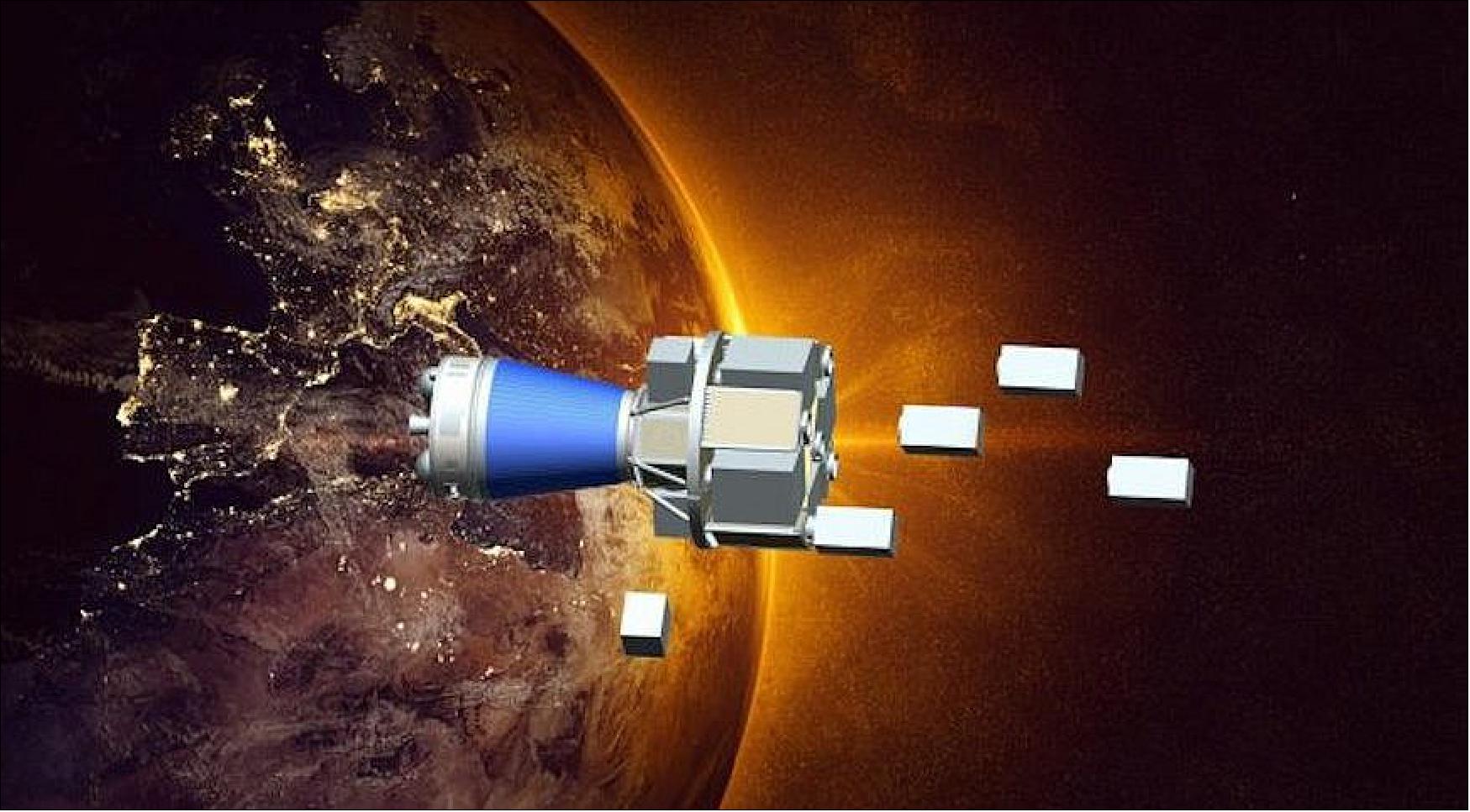 Figure 19: Artist's rendition of Vega deploying multiple smallsats using the SSMS (Small Spacecraft Mission Service) adapter (image credit: European Space Agency.)