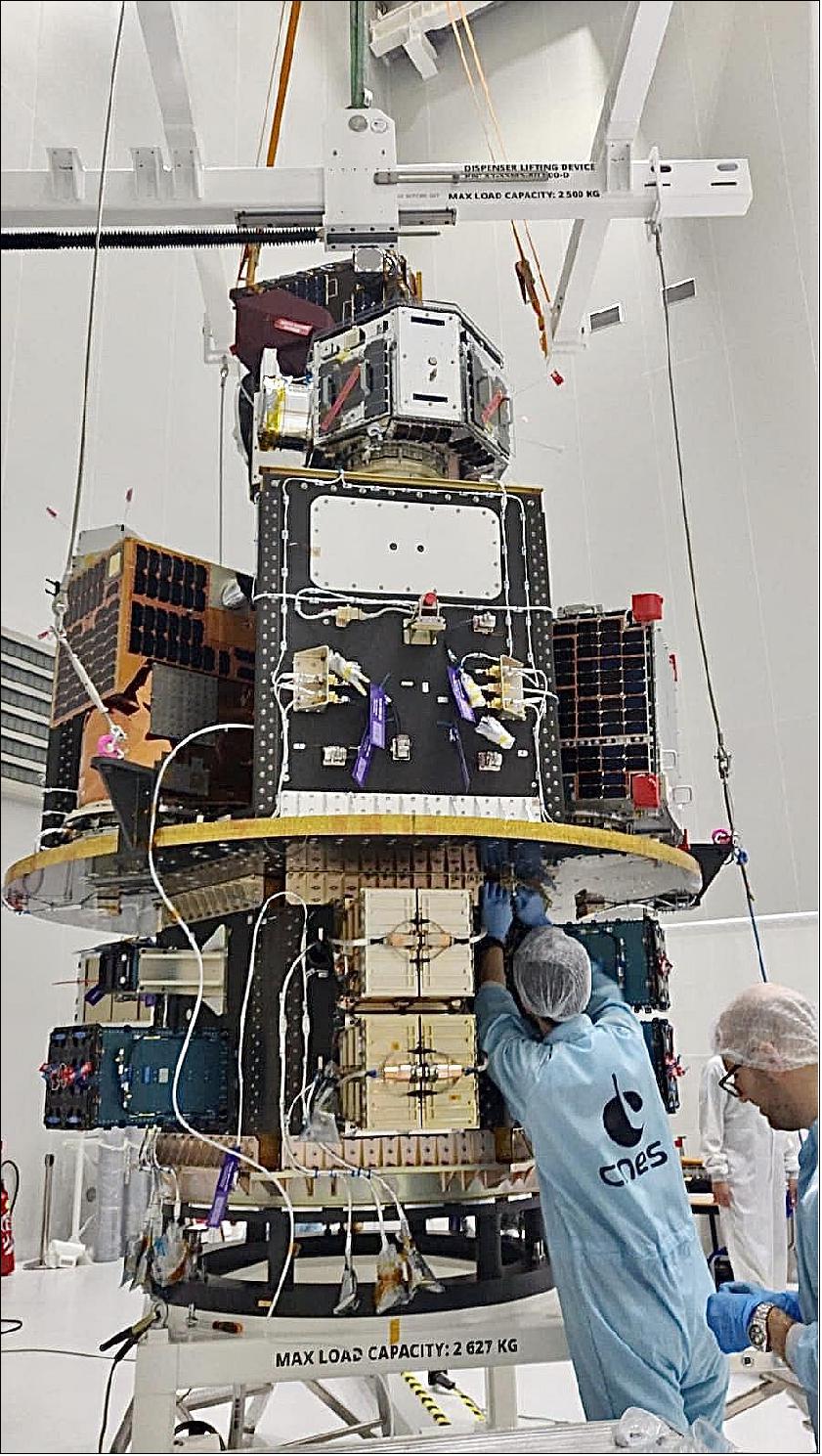 Figure 18: The 44 satellites slated to ride the next Vega rocket into orbit have been stacked onto a multi-payload dispenser in Kourou, French Guiana (image credit: Avio)