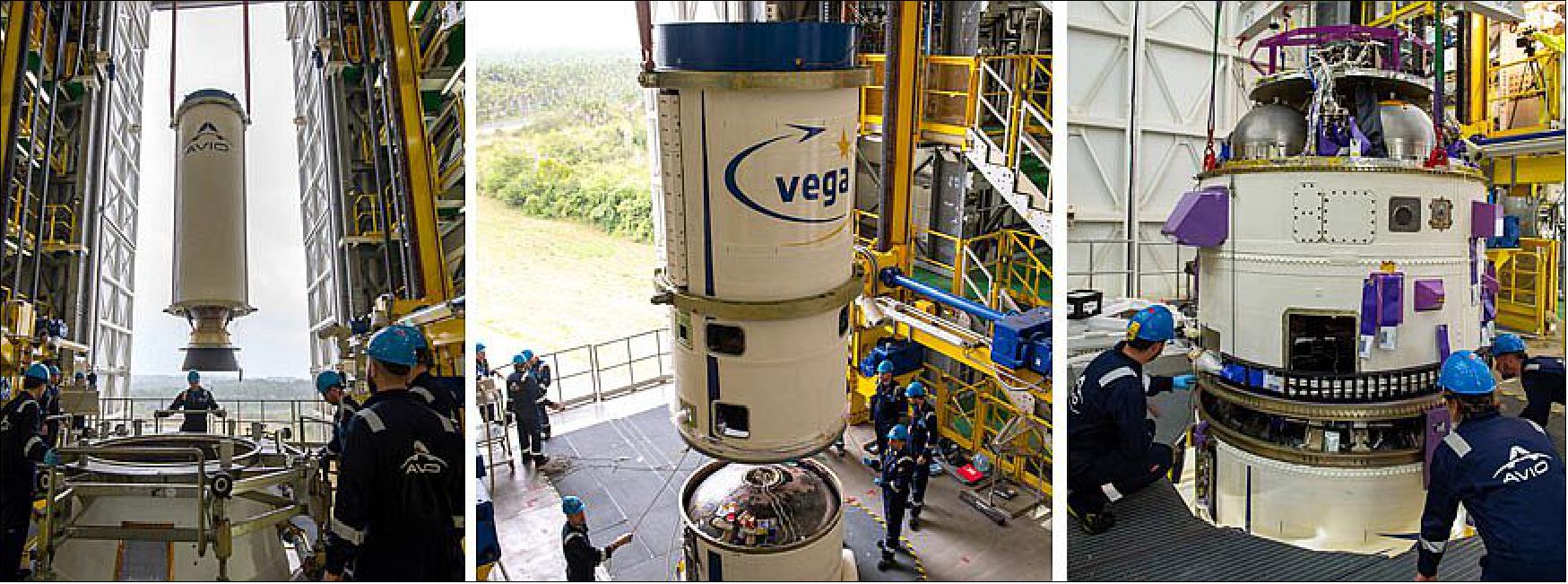 Figure 17: The Vega launcher for Arianespace Flight VV16 is shown taking shape during integration activity at the Spaceport in February. This photo sequence shows the solid propellant stages being "stacked" at the Vega Launch Complex (SLV), with the Zefiro 23 second stage's integration on the P80 first stage (at left), followed by installation of the Zefiro 9 third stage atop them (center). In the photo at right, Vega receives its liquid-propellant AVUM (Attitude and Vernier Upper Module), image credit: Arianespace