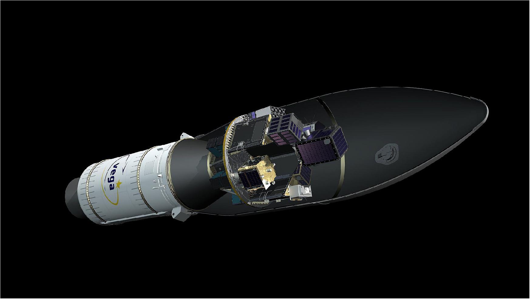 Figure 14: Artist's view of Vega VV16 with the Small Spacecraft Mission Service (SSMS) dispenser and SAT-AIS. Visible are the Zefiro-9 upper stage, the Attitude Vernier Upper Module (AVUM) and the SSMS dispenser with its payload of satellites (image credit: ESA, J. Huart)