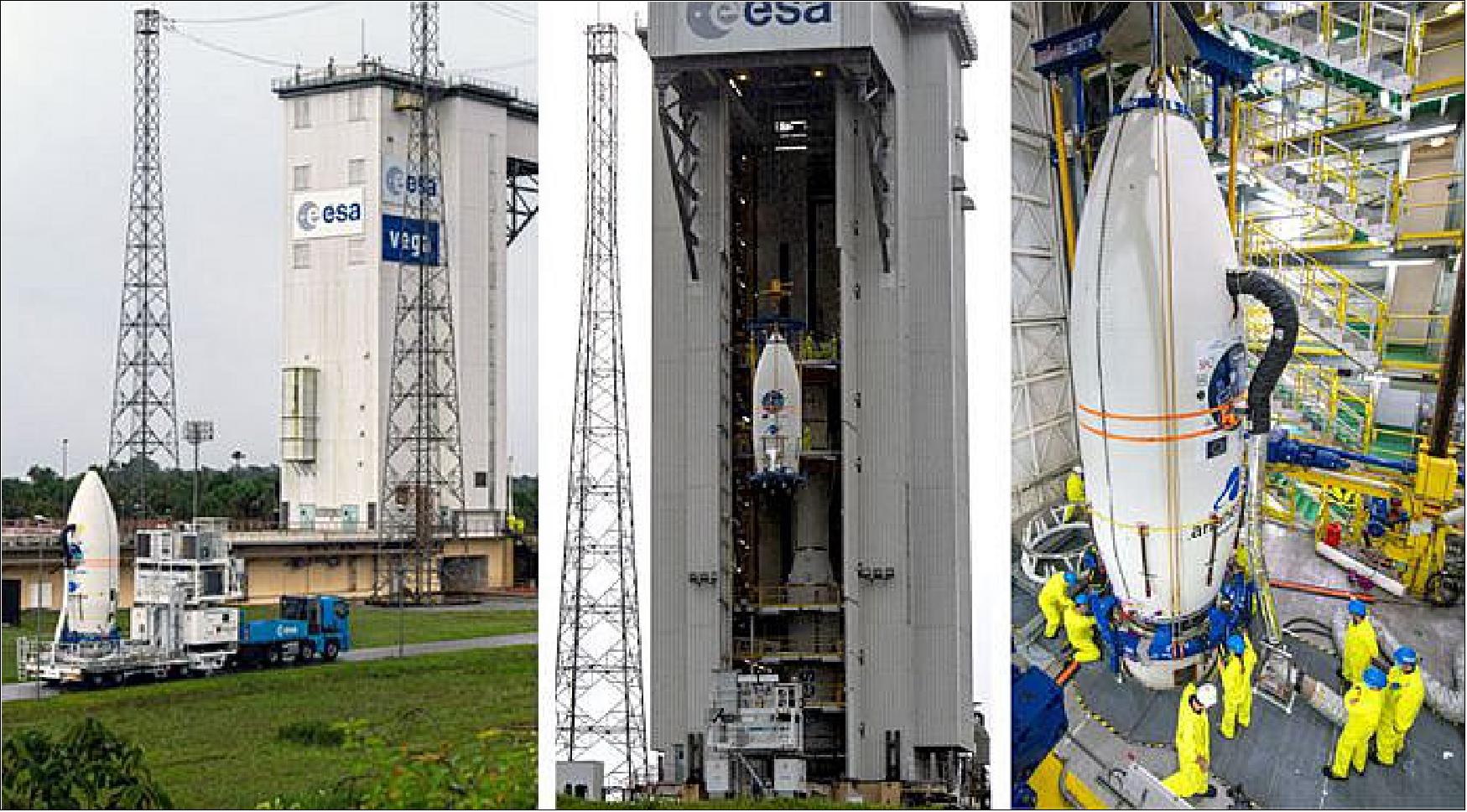 Figure 13: The payload integration process for Flight VV16 is shown at the Spaceport, beginning with Vega's upper composite being transferred to the SLV Launch Complex (photo at left). It was then hoisted up the launch site's mobile gantry for installation atop the launcher (photos center, and right), image credit: Arianespace
