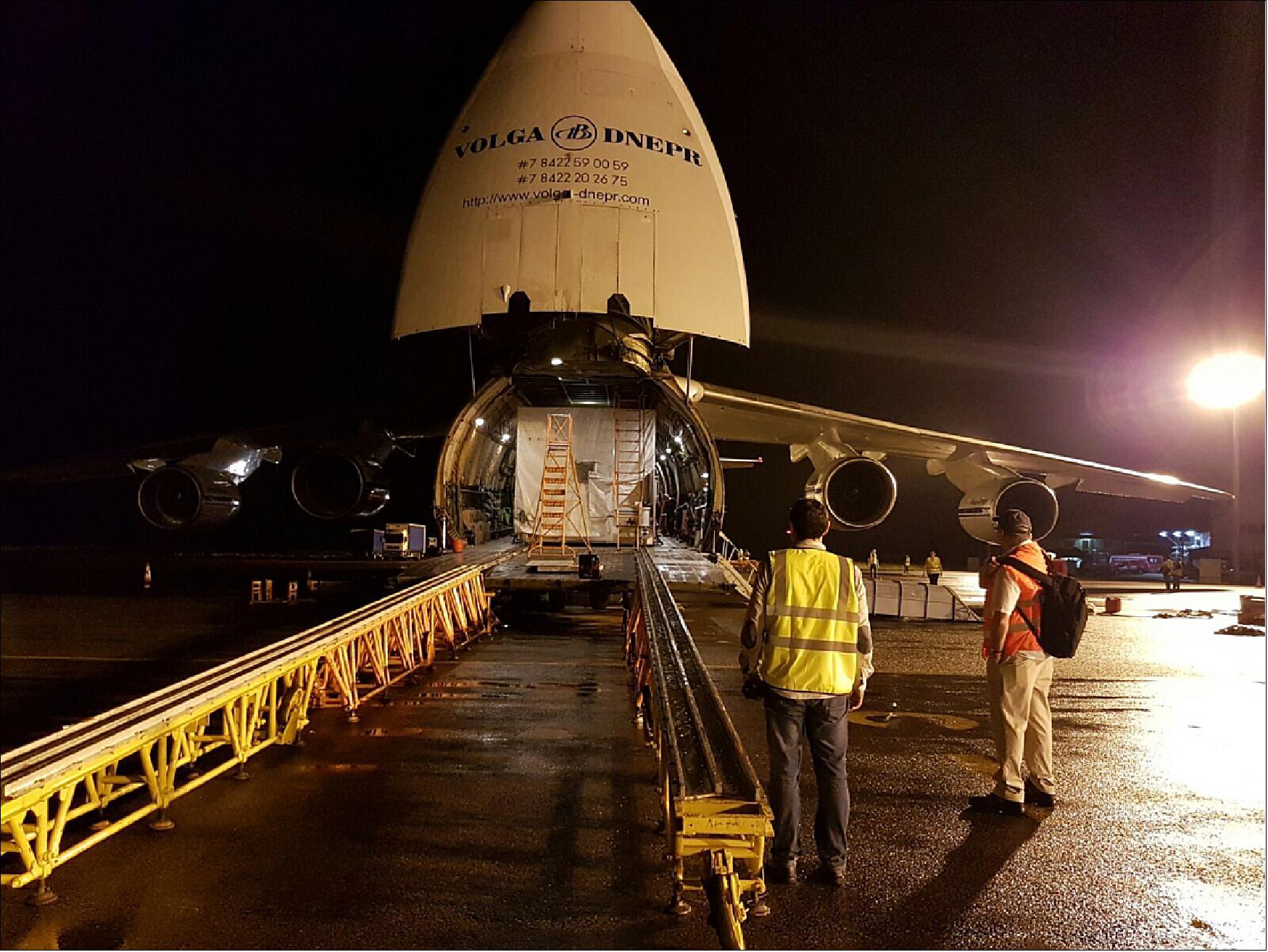 Figure 17: A packaged SmallGEO/Hispasat 36W-1 is seen in the Antonov plane in Kourou, French Guiana (image credit: ESA)