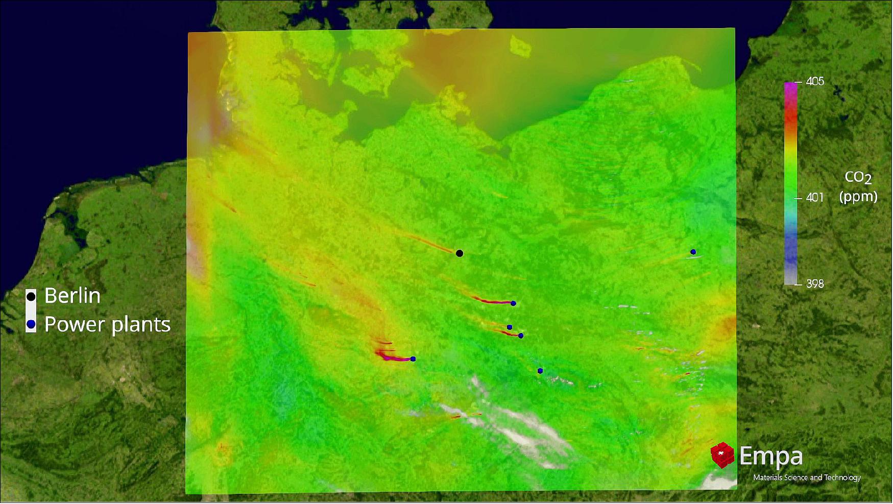 Figure 2: High-resolution simulation of total column carbon dioxide plumes from Berlin and nearby power plants on 2 July 2015. The data were generated by Empa, as part of the ESA-funded Smartcarb study (image credit: Empa, Swiss Federal Laboratories for Materials Science and Technology) 2)