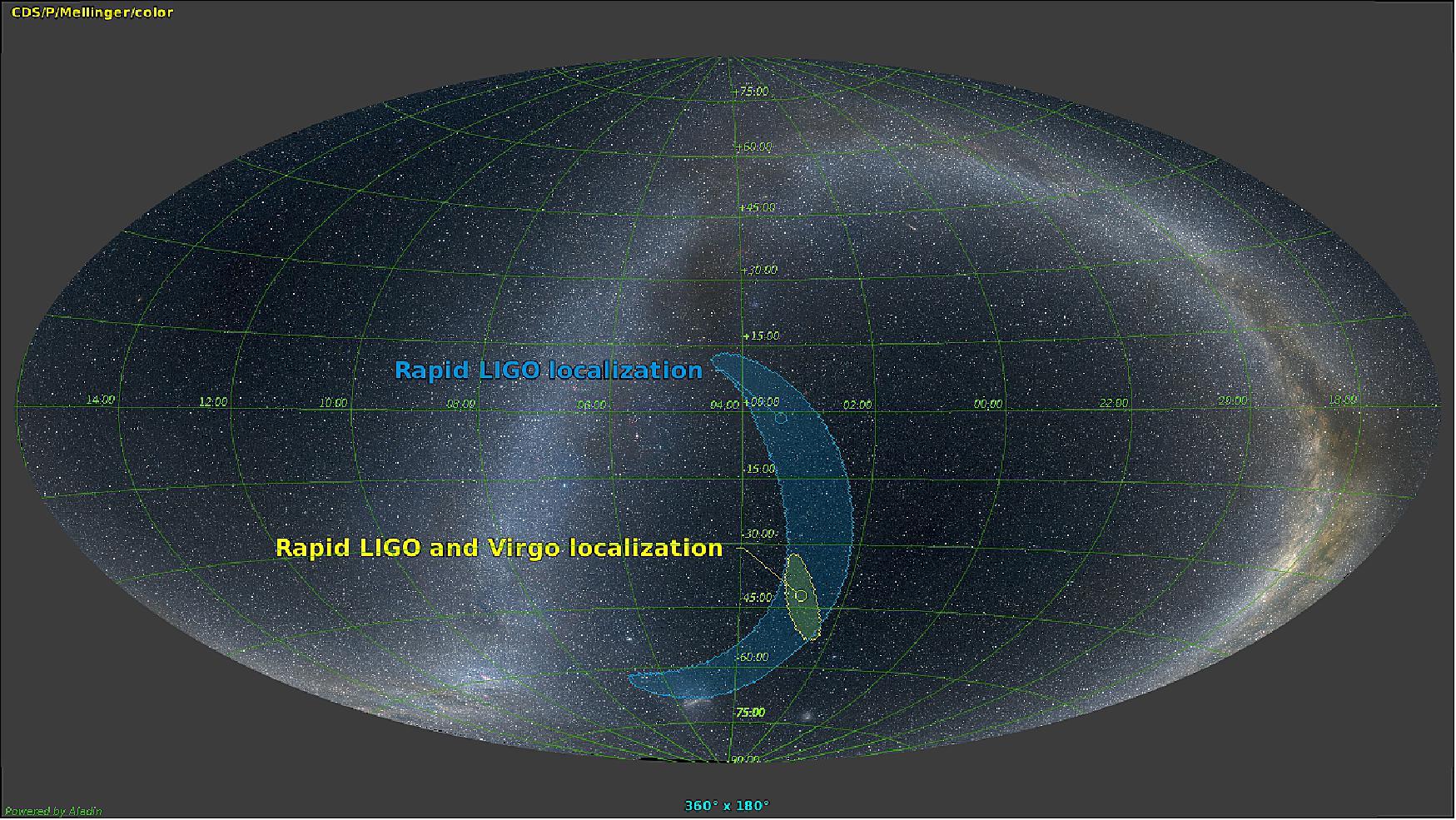 Figure 20: GW170814 demonstrates the potential of a 3-detector network, both in terms of localization of a source in the sky and in terms of the testing of Einstein's theory of general relativity. The best GW170814 skymaps, computed by an analysis that uses all of the available information from the three instruments, cover just 60 square degrees (to be compared with several hundreds of square degrees for the LIGO-only network) and GW170814 data have allowed the LIGO-Virgo collaboration to probe, for the first time, the polarization of gravitational waves (image credit: LIGO-Virgo Collaboration)