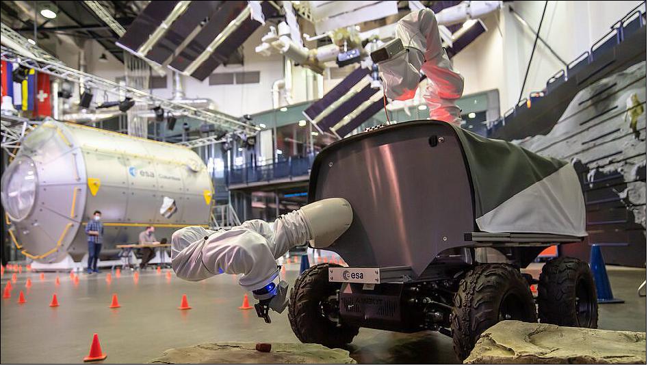 Figure 5: Controlled from DLR in Germany during October 2020 testing, ESA's Interact rover has two cameras, one mounted on a maneuverable arm and the other on the gripper at the end of another arm (image credit: ESA - SJM Photography)