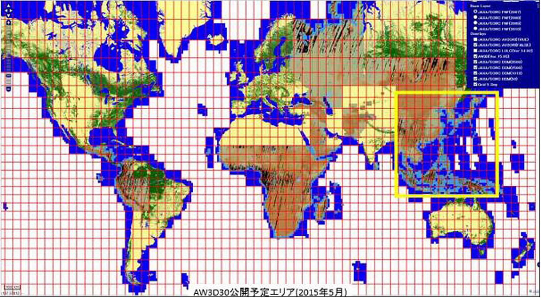 Figure 10: PRISM world elevation data (30 m mesh version); the yellow square indicates the area for the first publication (image credit: JAXA) 16)
