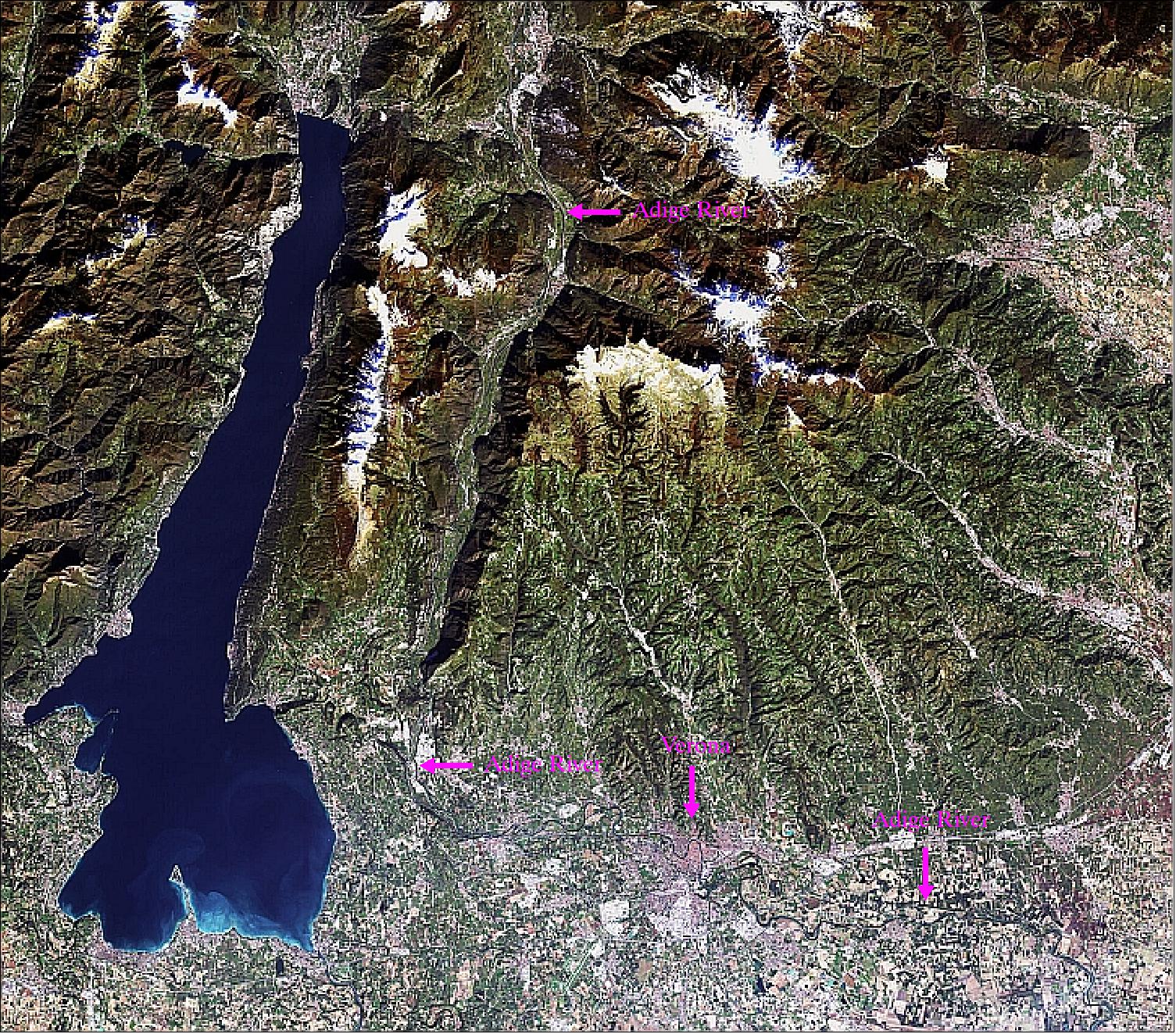 Figure 28: Italy’s Lake Garda and the city of Verona south of the Italian Alps are pictured in this image from Japan’s ALOS observation satellite (image credit: ESA)