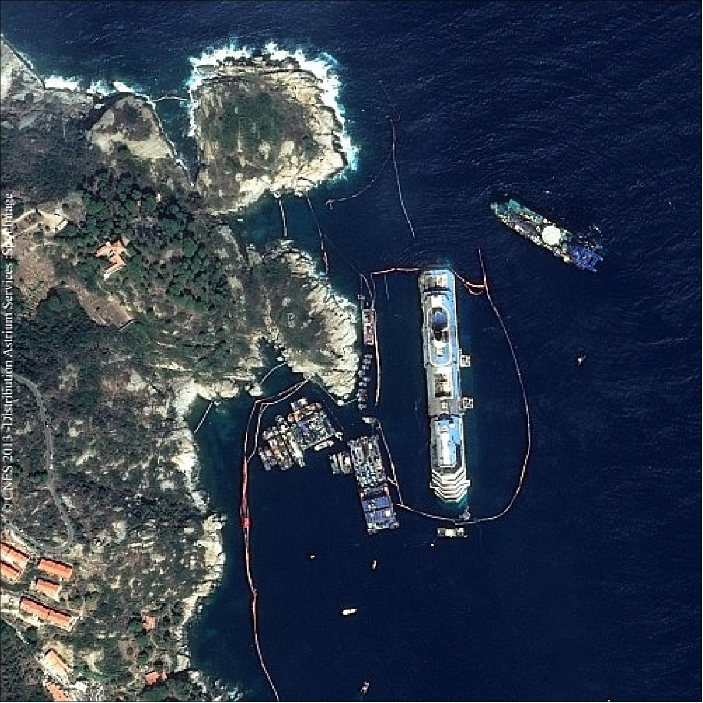 Figure 30: Re-floating operation of the Costa Concordia. This Pleiades-1A image was captured on September 17, 2013 (image credit: CNES Distribution Astrium/SPOT Image)