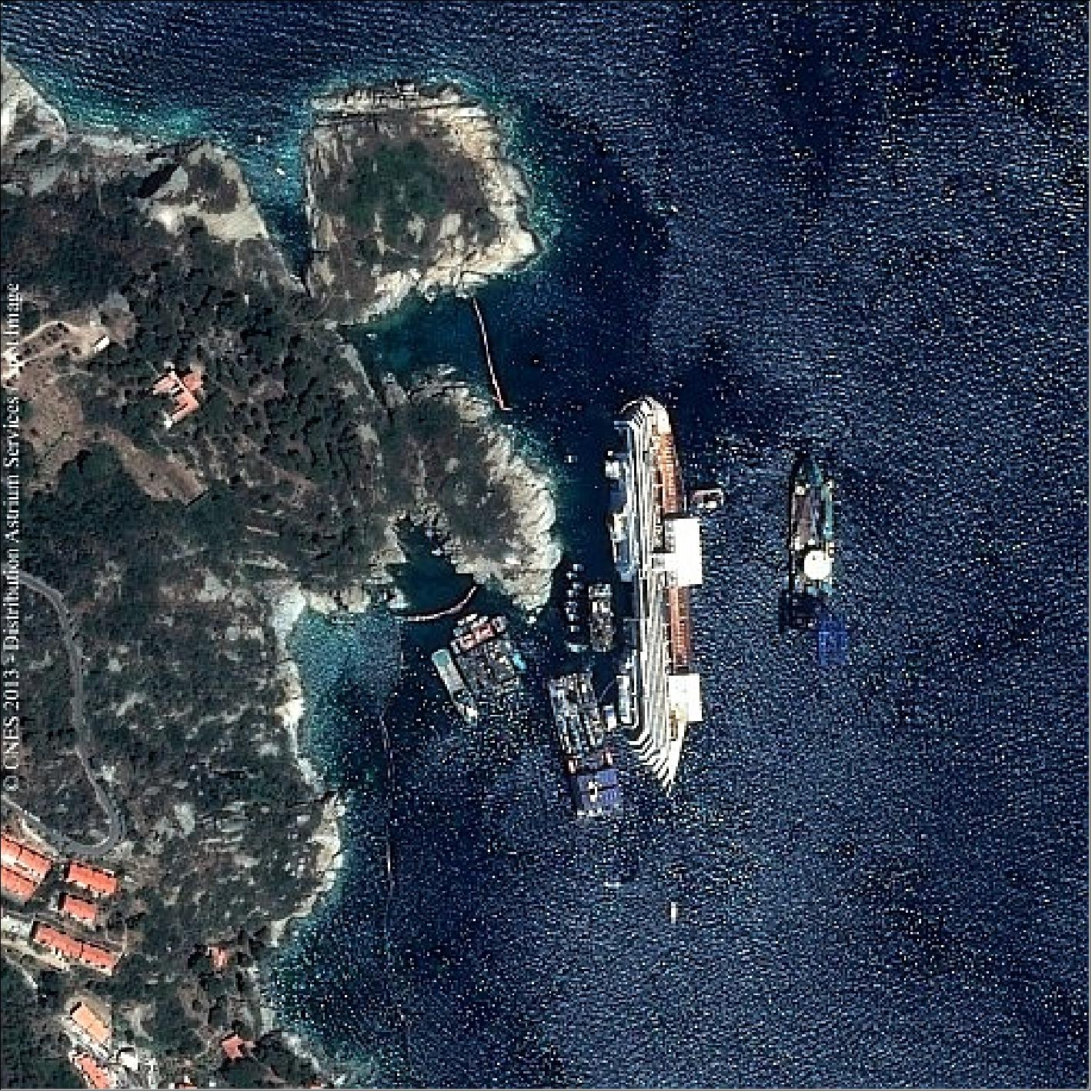 Figure 29: Pleiades image acquired on July 12, 2013 showing the wrecked Costa Concordia off the coast of Giglio, Italy. (image credit: CNES Distribution Astrium/SPOT Image)
