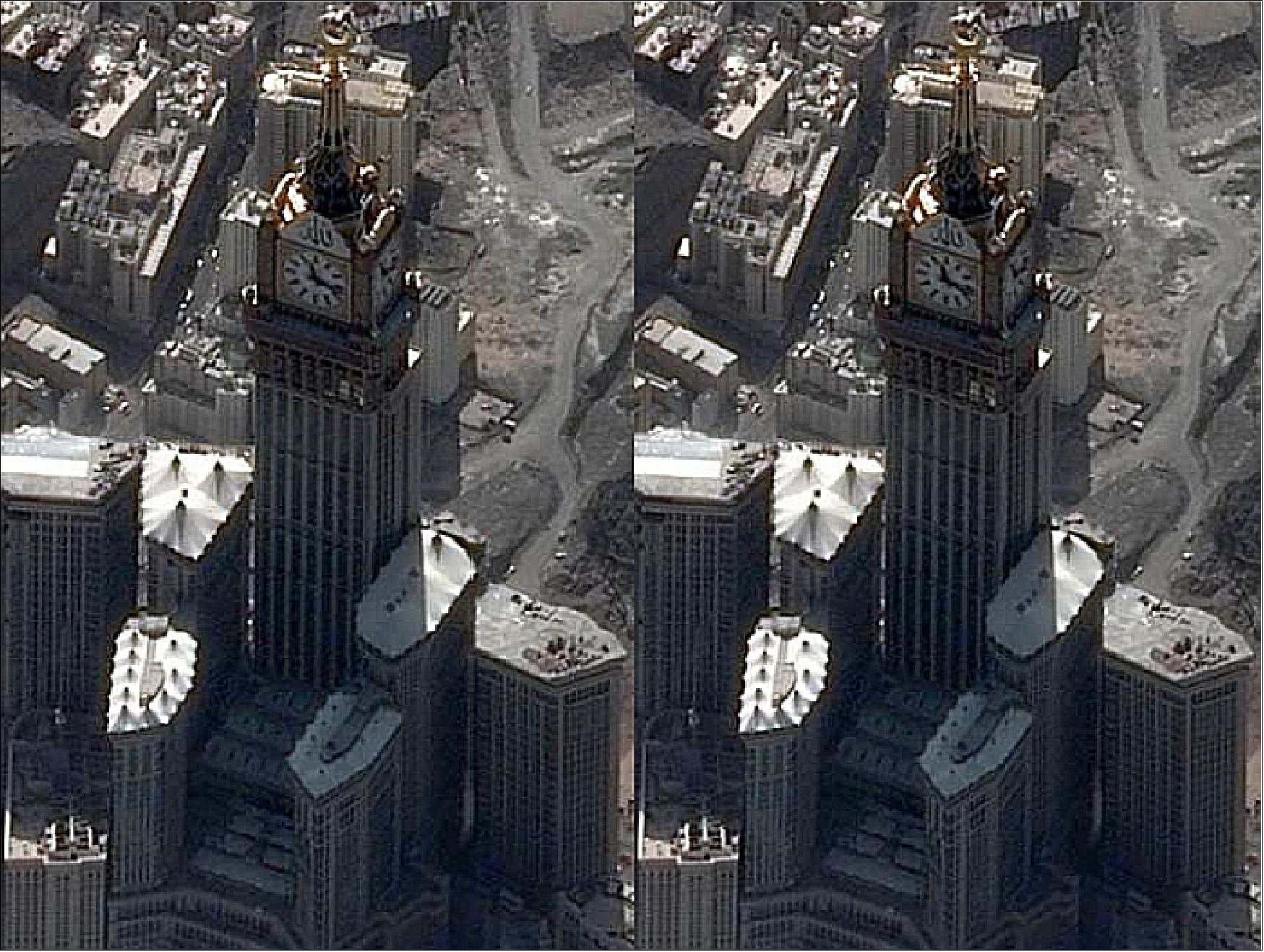 Figure 27: Three pictures on the Mecca ”tower clock” acquired by Pleiades 1B every 90 s in a single pass to see the minutes needle moving ! (image credit: CNES)
