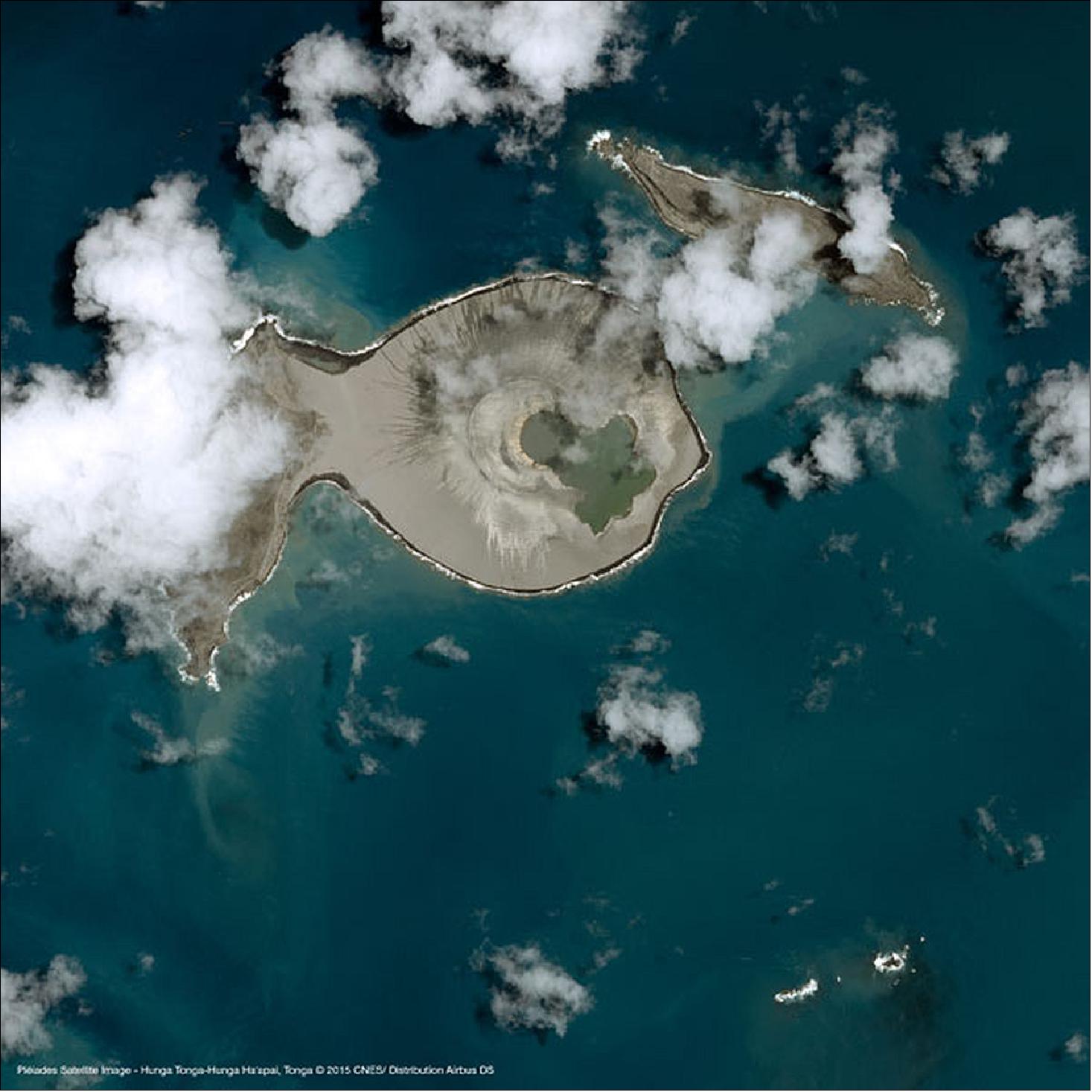 Figure 21: This image from the Pleiades satellite, acquired on 19 January 2015, shows a new island that has formed from the eruption of the Hunga Tonga underwater volcano, in Tonga (image credit: CNES, Airbus DS)