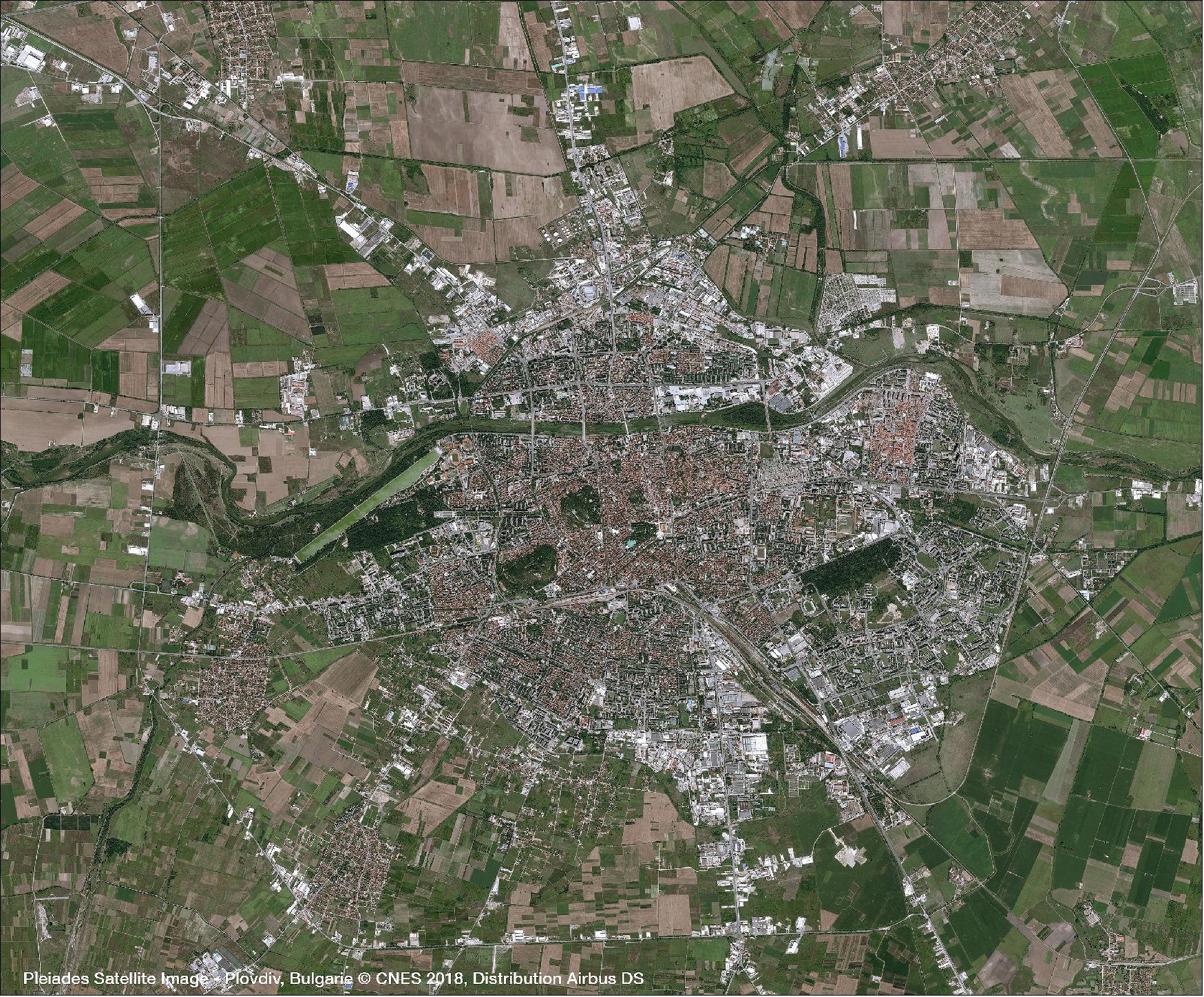 Figure 14: Pleiades image of Plovdiv, Bulgaria observed on 21 July 2018. As Bulgaria's oldest city, Plovdiv has been officially inaugurated as the 2019 European Capital of Culture - next to Matera of Italy (image credit: CNES, distribution by Airbus DS)