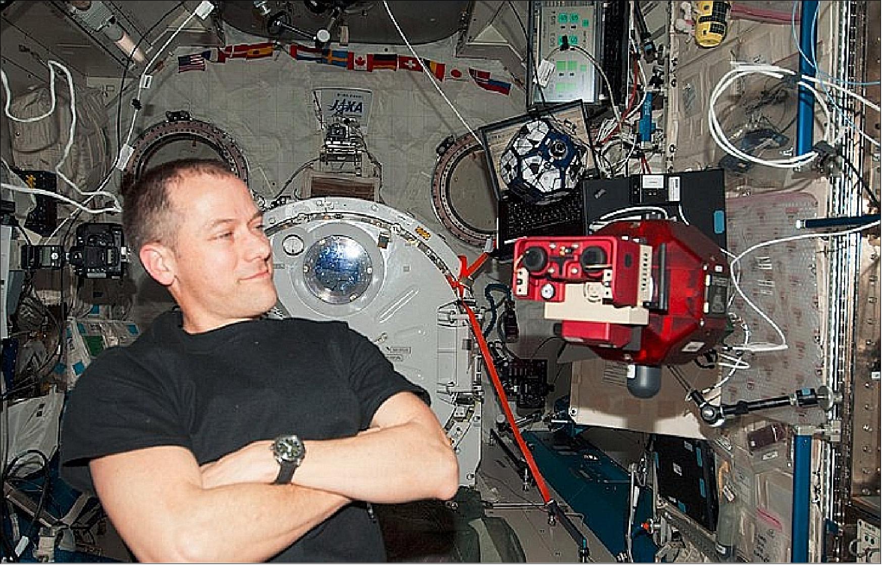 Figure 32: NASA astronaut Thomas Marshburn conducts a session of the ongoing SPHERES-VERTIGO investigation (image credit: NASA)