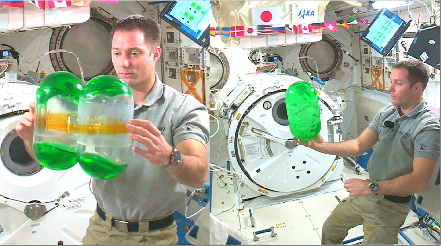 Figure 25: ESA astronaut Thomas Pesquet performing manual maneuvers of different Slosh tank configurations in front of the Japanese module cameras (image credit: NASA Ames)