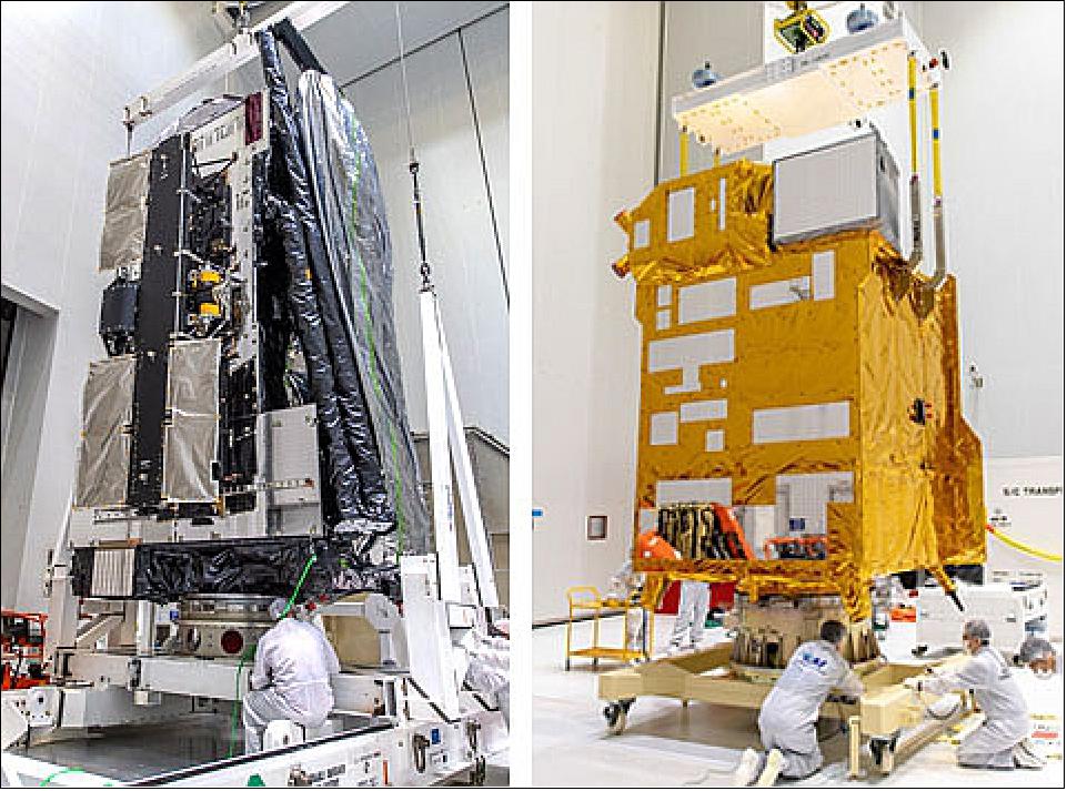 Figure 10: During activity in the Spaceport’s S5 payload processing facility, JCSAT-17 is raised to the vertical position for removal from its protective shipping container (at left), while GEO-KOMPSAT-2B is installed on a dolly for its pre-launch preparations (photo, right), image credit: Arianespace