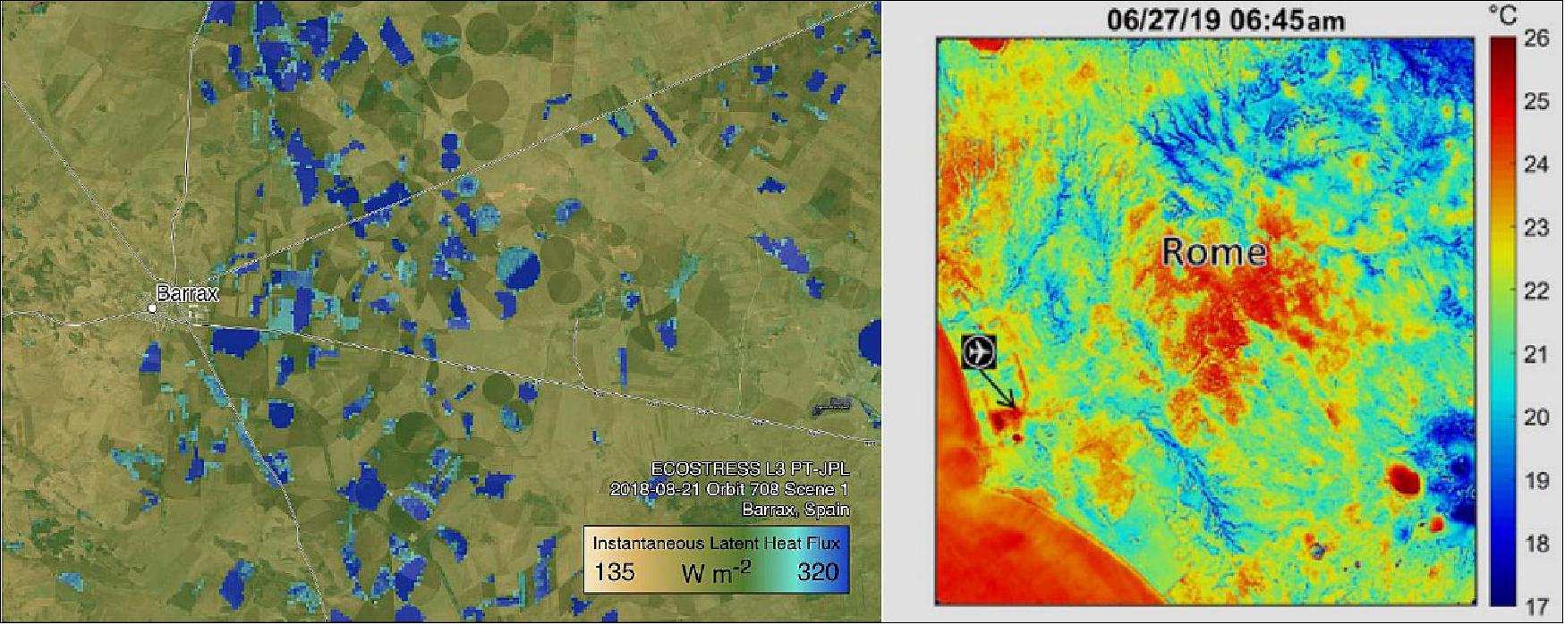 Figure 1: Images from JPL’s experimental ECOSTRESS mission, demonstrating future applications of the LSTM mission: latent heat flux from irrigated fields near Barrax, Spain in August 2018, and high urban surface temperatures in Rome, Italy during the heat wave of June 2019 (image credit: NASA/JPL)