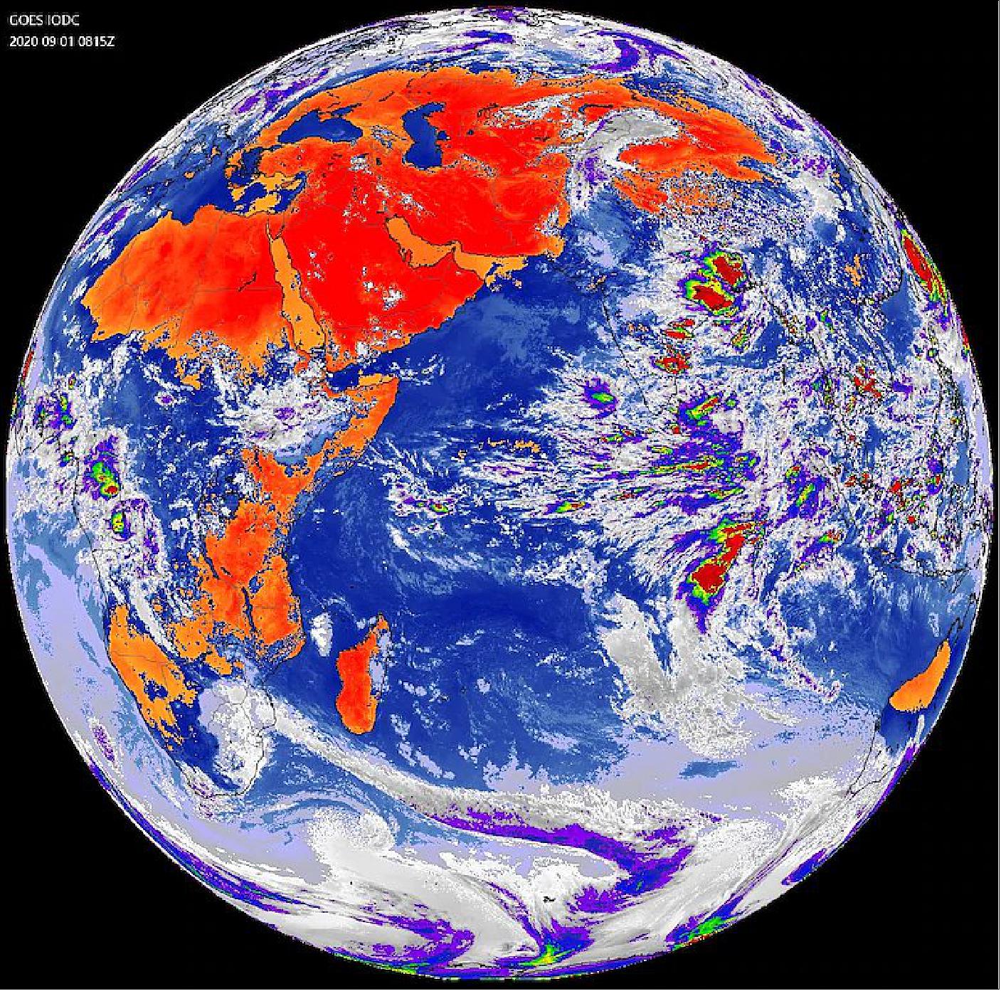 Figure 8: A view of the Earth from the EWS-G1 satellite taken on September 1, 2020. Originally launched in 2006 as GOES-13, the satellite provided operational weather coverage over the United States’ East Coast for 10 years before being replaced in the GOES-East position by GOES-16. The transfer to the Department of Defense and relocation of EWS-G1 is the culmination of joint efforts between SMC, NOAA and NASA. (image credit: U.S. Space Force’s MARK IV-B Program Office)