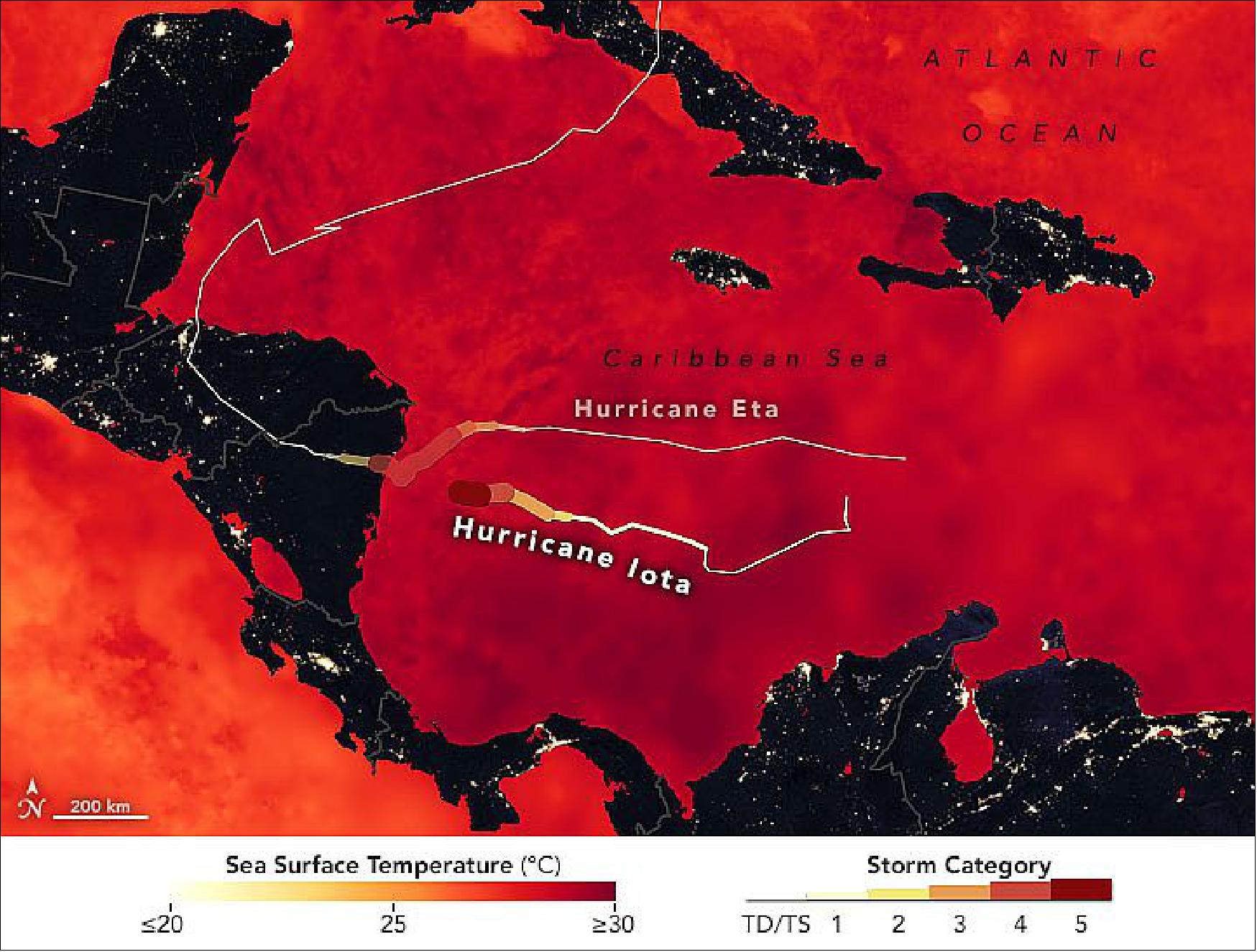 Figure 6: The map shows the tracks of Hurricane Iota and Hurricane Eta overlaid on a map of sea surface temperatures (SSTs) in the Caribbean Sea and the Gulf of Mexico as measured on November 15, 2020. A rule of thumb among scientists is that ocean temperatures should be at or above 27º Celsius (deep orange and red on the map) to sustain a hurricane. The SST data come from the Multiscale Ultrahigh Resolution Sea Surface Temperature (MUR SST) project, based at NASA’s Jet Propulsion Laboratory. MUR SST blends measurements of sea surface temperatures from multiple NASA, NOAA, and international satellites, as well as ship and buoy observations (image credit: NASA Earth Observatory)