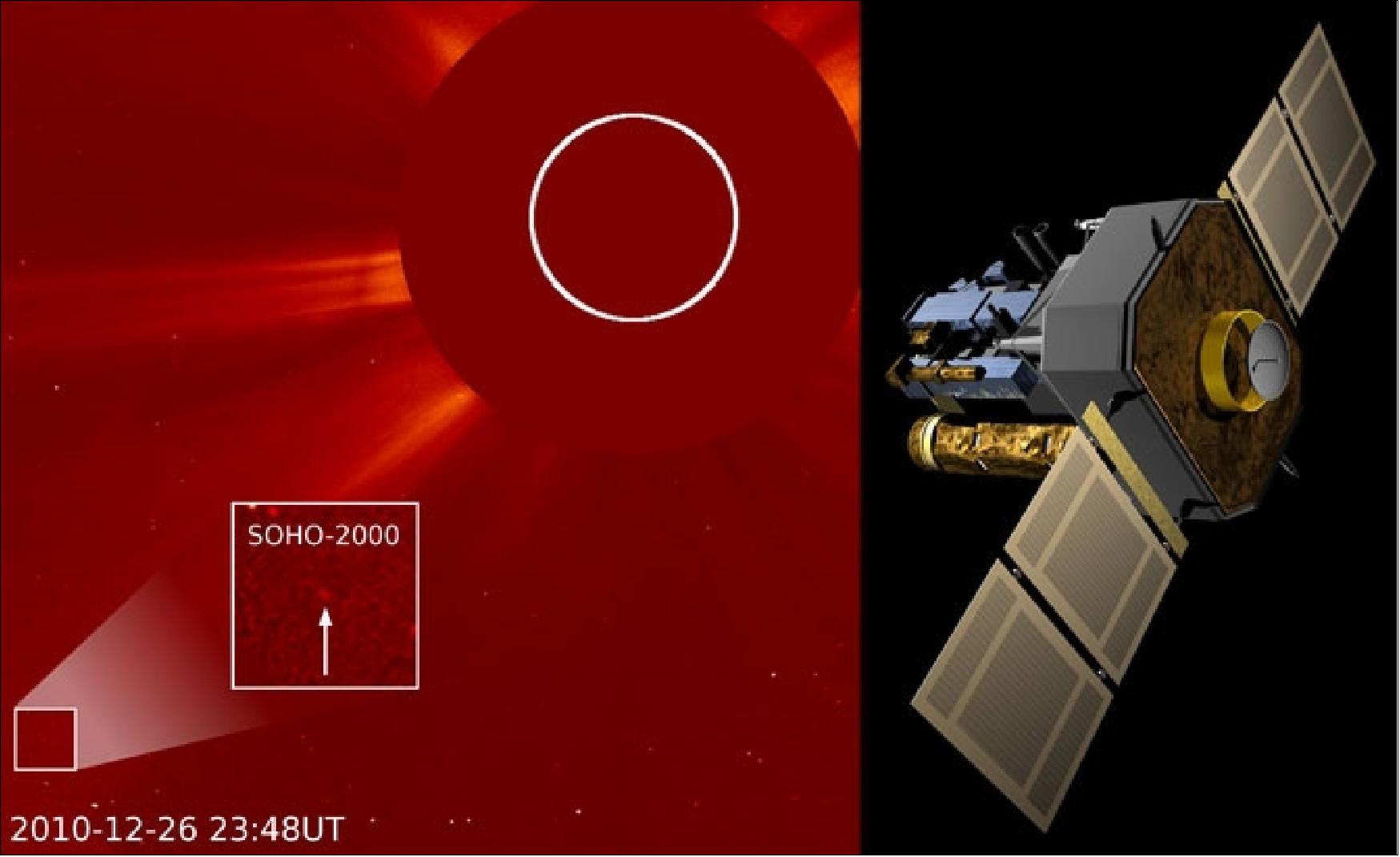 Figure 88: SOHO's 2000th comet (left), spotted by a Polish amateur astronomer on December 26, 2010 (image credit: NASA)