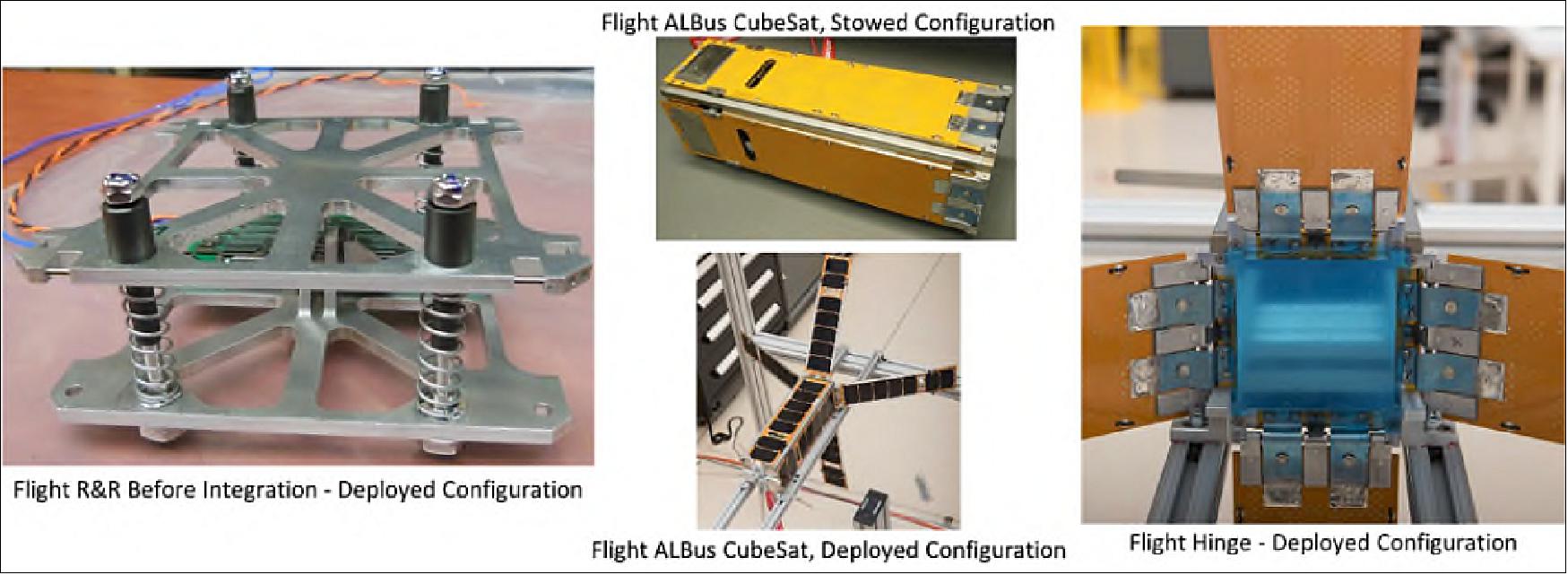 Figure 8: ALBus CubeSat R&R and hinge mechanisms flight hardware (image credit: NASA/GRC)