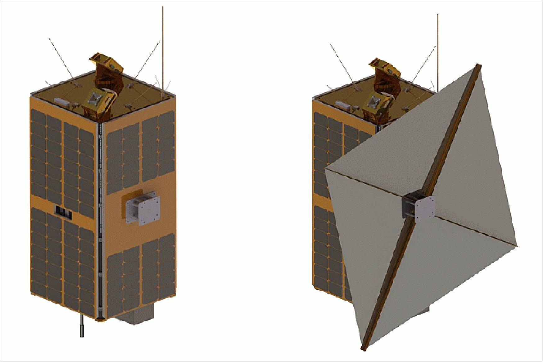Figure 3: Illustration of the ESEO microsatellite with its DOM (De-Orbit Mechanism) in its stowed (left) and deployed (right) configuration (image credit: ALMASpace, ESA)
