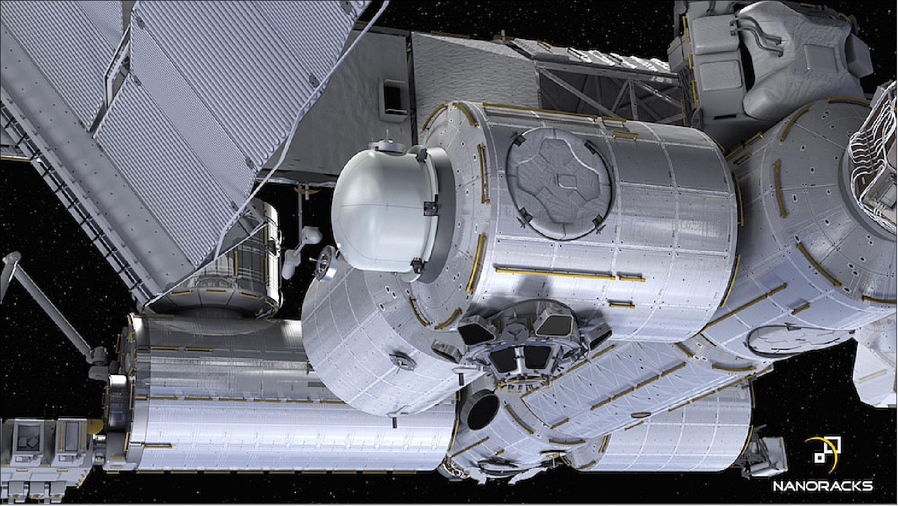 Figure 1: Artists concept of the first commercially funded airlock on the space station being developed by NanoRacks that will launch on a commercial resupply mission in 2020. It will be installed on the station’s Tranquility module, Node 3 Port (image credit: NanoRacks)