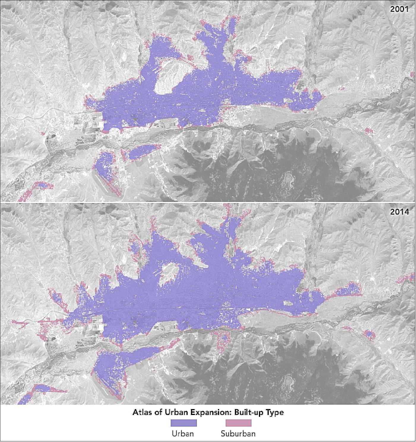 Figure 26: These Landsat-based maps, which show data from the Atlas of Urban Expansion, make it easier to distinguish developed areas. Researchers defined urban areas as those with at least 50 percent of pixels classified as “built-up,” and suburban areas as those with 25 to 50 percent of pixels built-up. (Built-up areas well beyond the center of the city were not included in the visualization, but you can explore exurban built-up areas here.) Between 2001 and 2014, Ulaanbaatar’s population increased by 4.1 percent each year (from 630,000 to 1,070,000 people) and the built-up area increased from 11,894 hectares to 20,051 hectares (200.51 km2).