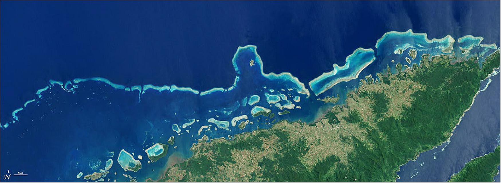 Figure 21: Coral reefs in the vicinity of Vanua Levu, Fiji’s second-largest island, acquired on 19 September 2002 (image credit: NASA)