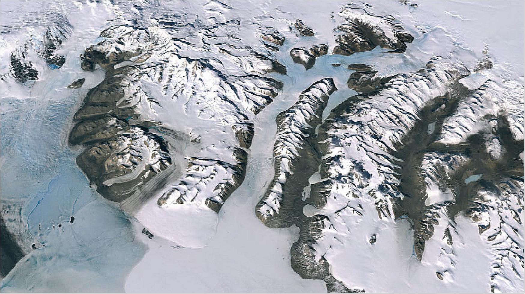 Figure 20: Over 1000 images from the LIMA dataset were used to generate this mosaic of the Ferrar Glacier at 15-m spatial resolution. At the time it was generated, this was the most detailed such image of Antarctica ever generated (image credit: NASA)
