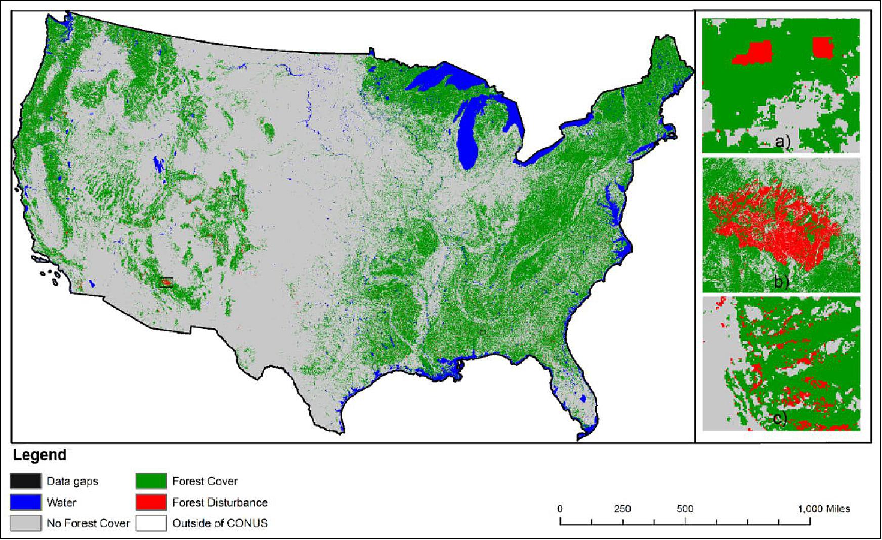 Figure 19: An example of an annual (2002) disturbance map from the NAFD Project. Insets on the right reveal the high spatial resolution of detected disturbances. Top: Forest harvesting in Butler County, AL; middle: Massive Rodeo-Chediski fire in Navajo County, AZ; and bottom: Mountain pine beetle damage in Grand County, CO (image credit: ORNL DAAC/Sam Goward)